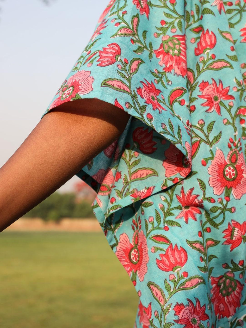 trueBrowns Aqua Cotton Block Print Kaftan Co-Ord Set