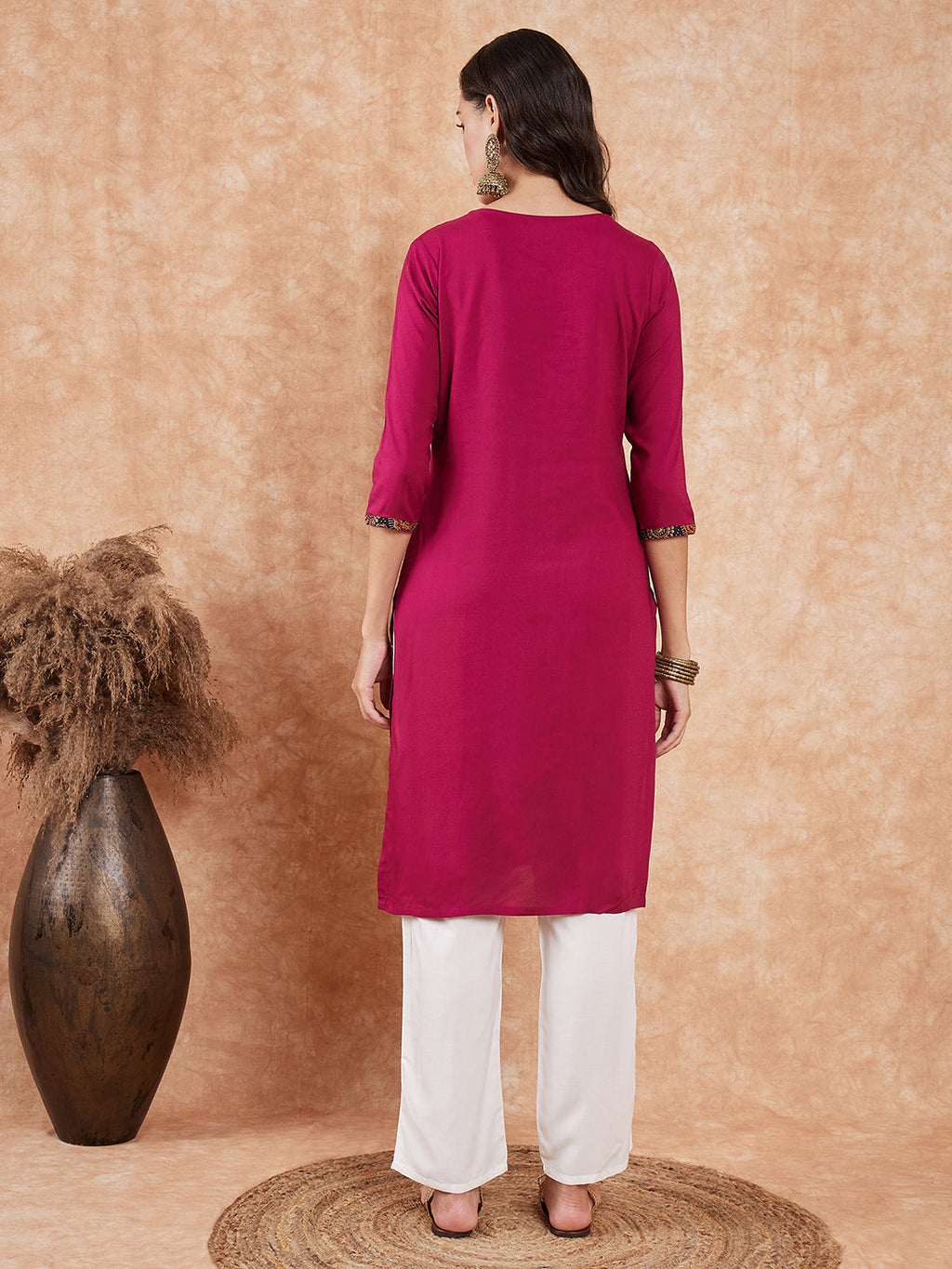 InWeave Women's Wine Printed Neck Patch Work Straight Kurta