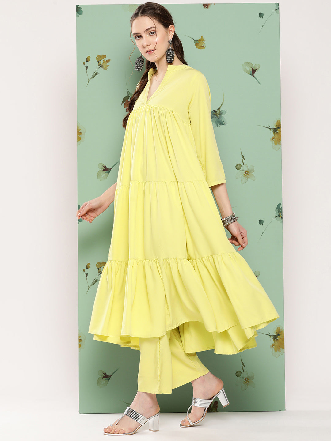 InWeave Women's Lime Green Flared Kurta Set W Green Print Cr Dupatta
