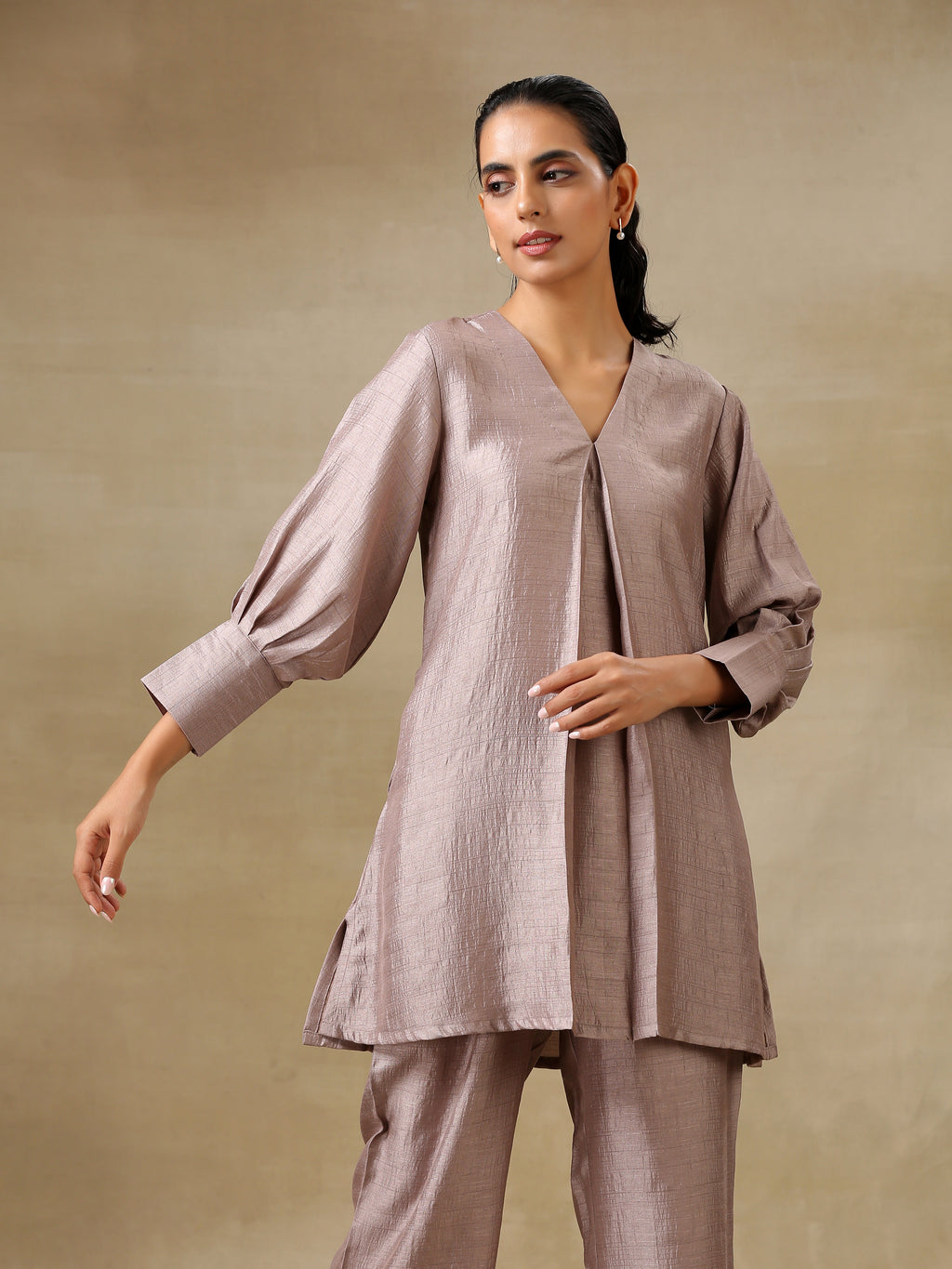 trueBrowns Grey Textured Silk Neck Pleat Co-Ord Set