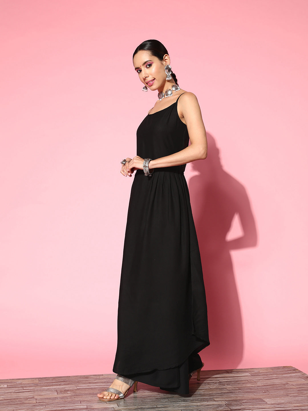 InWeave Women's Black Strappy Set With Red Pink Floral Short Organza Cape
