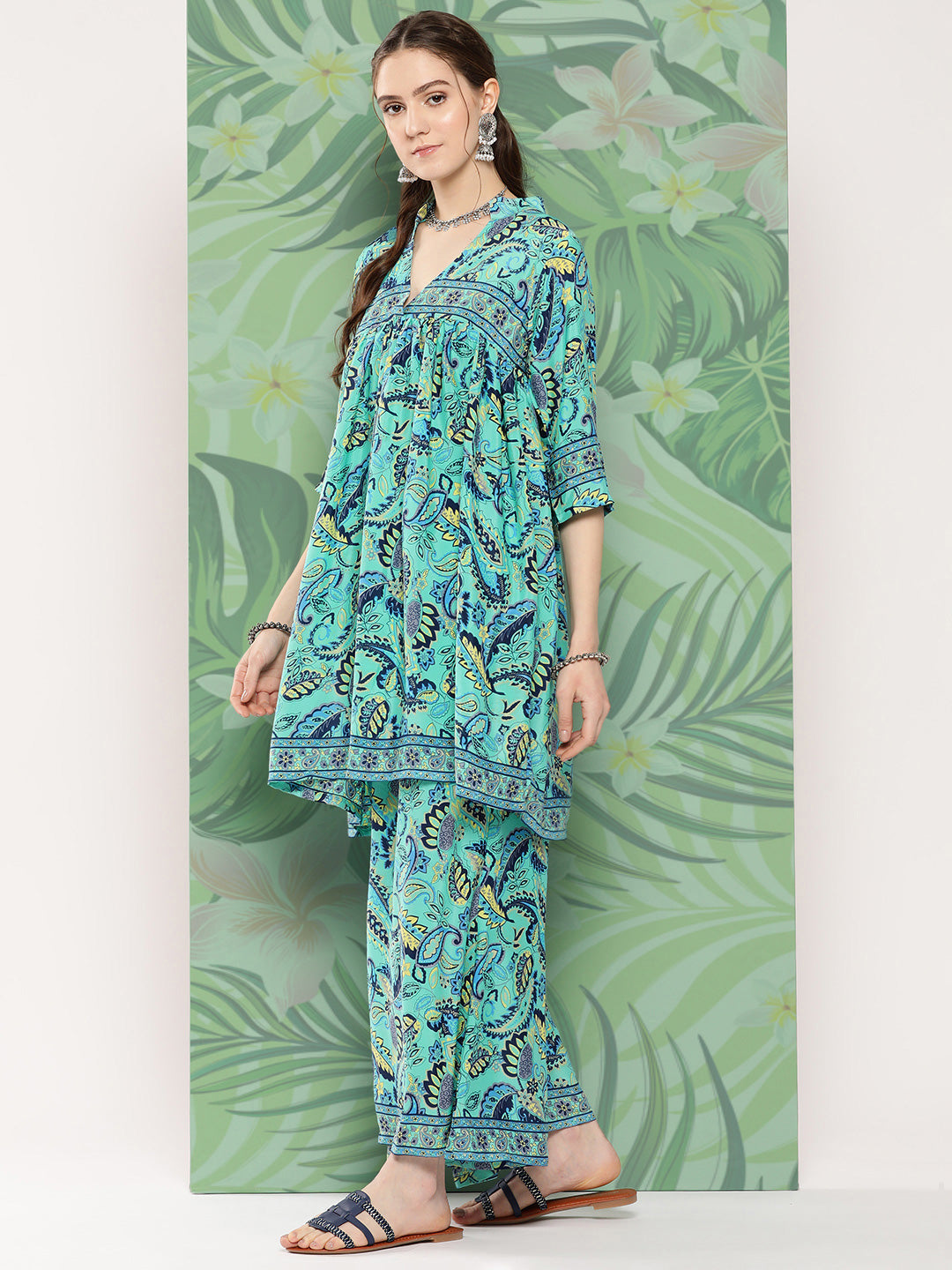 InWeave Women's Turquoise Blue Camelia Printed Ethnic Kurta Set