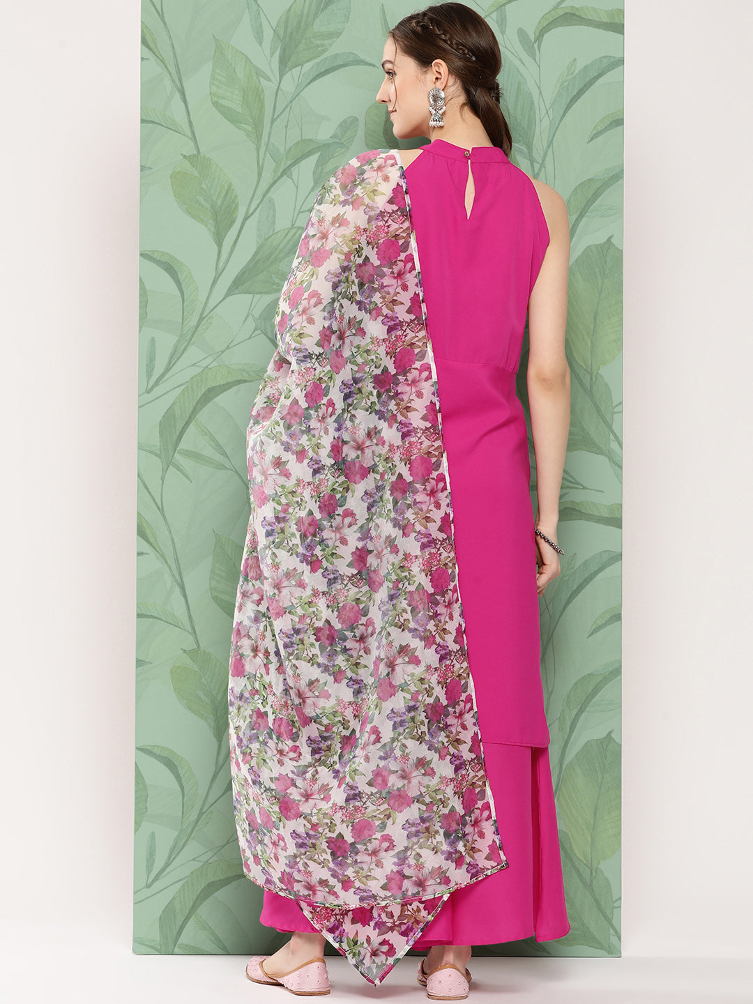 InWeave Women's Magenta Pleated Halter Kurta Palazzo Set W White Pink Or Dupatta
