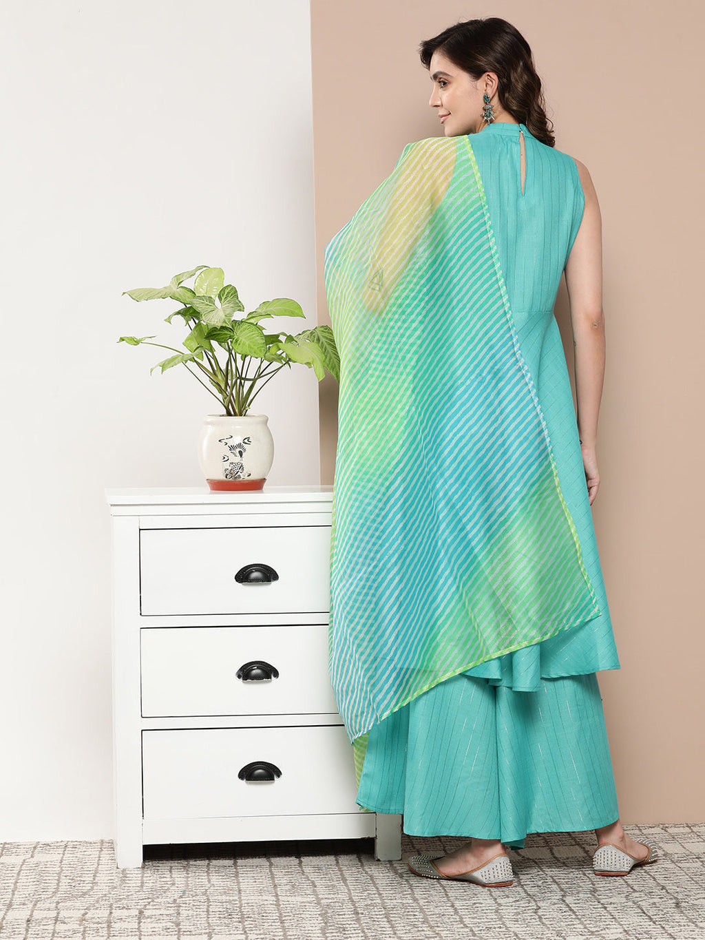 InWeave Women's Teal Lurex Boho Kurta Set With Aqua Leh Organza Dupatta
