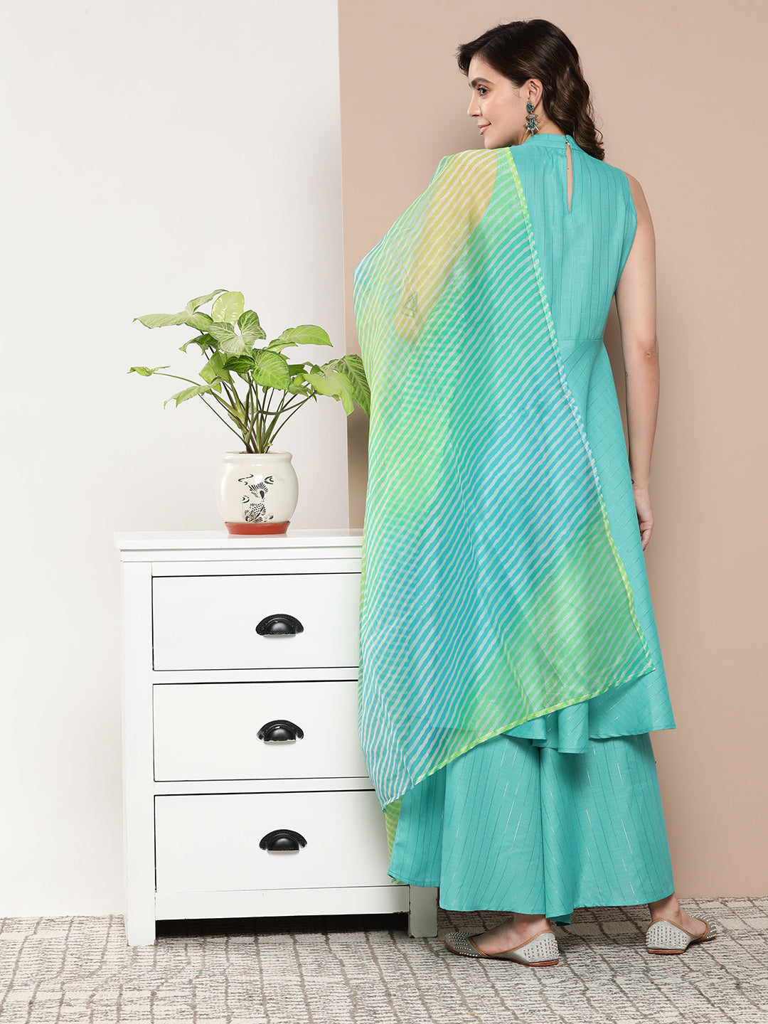 InWeave Women's Teal Lurex Boho Kurta Set With Aqua Leh Organza Dupatta