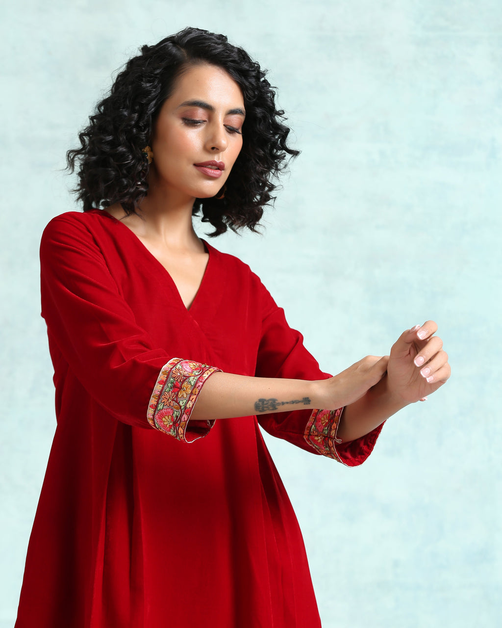 trueBrowns True Red Velvet Yoke Kurta