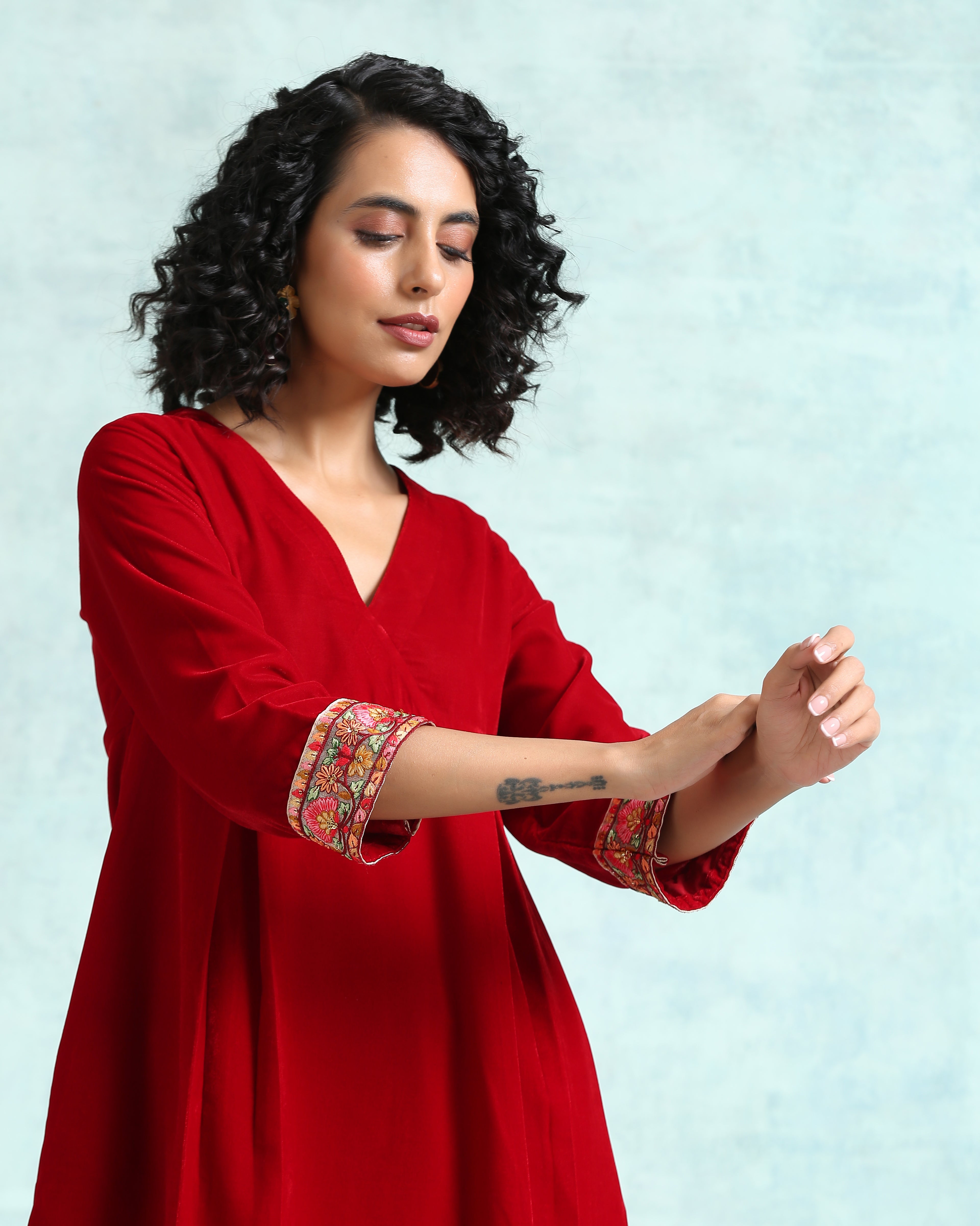 trueBrowns True Red Velvet Yoke Kurta