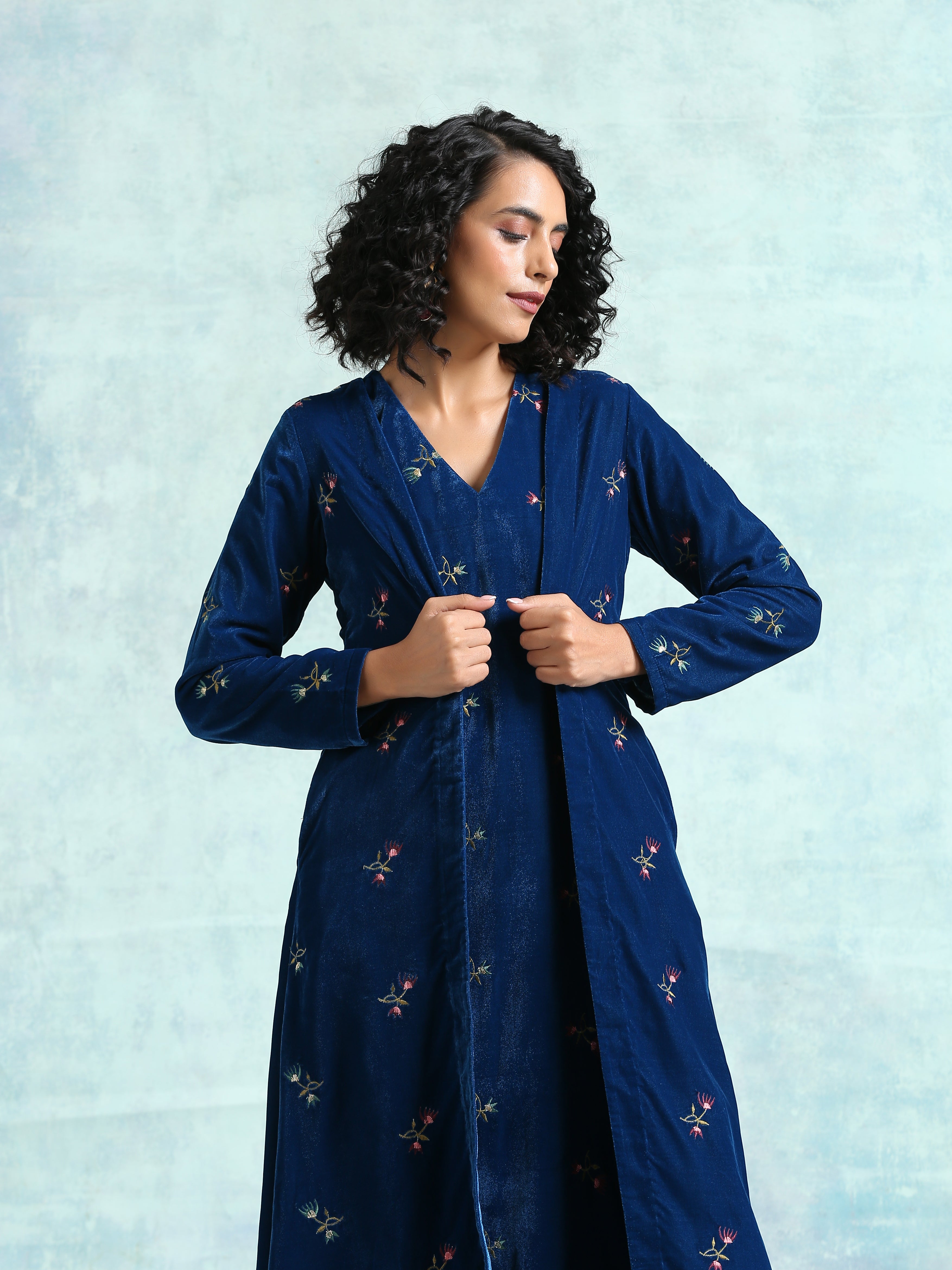 trueBrowns Blue Embroidered Velvet Overlay Jacket