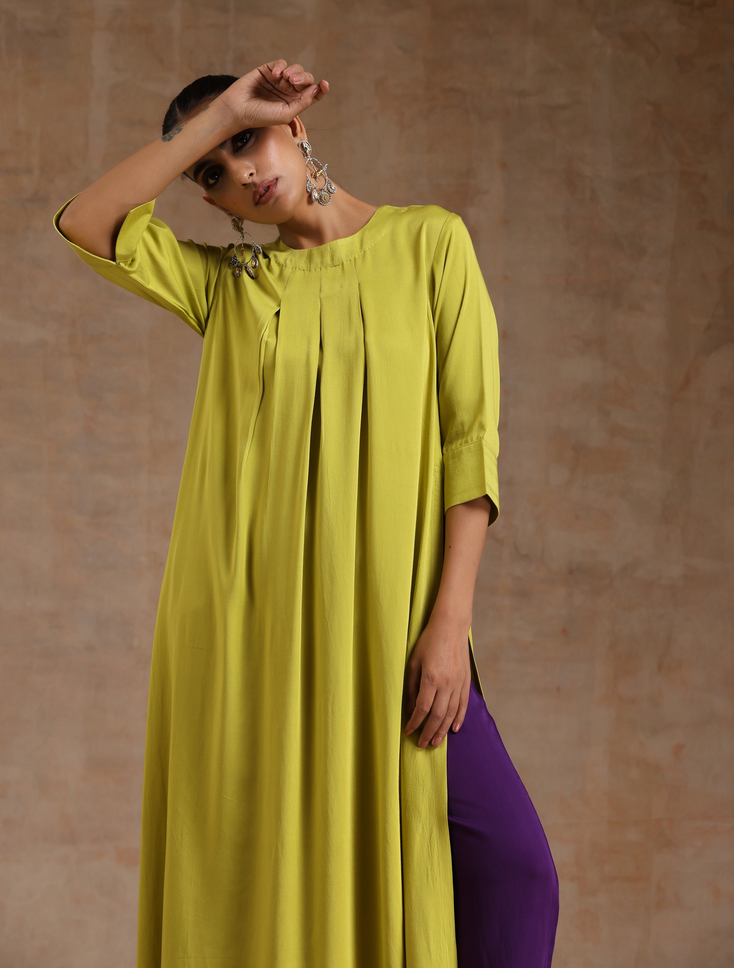 trueBrowns Lime Modal Satin Neck Pleat Kurta Set