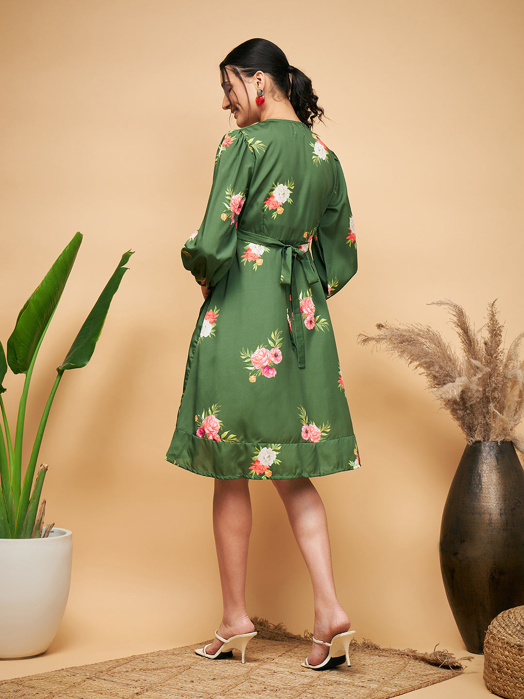 InWeave Women's Green Small Flower Belted Dress