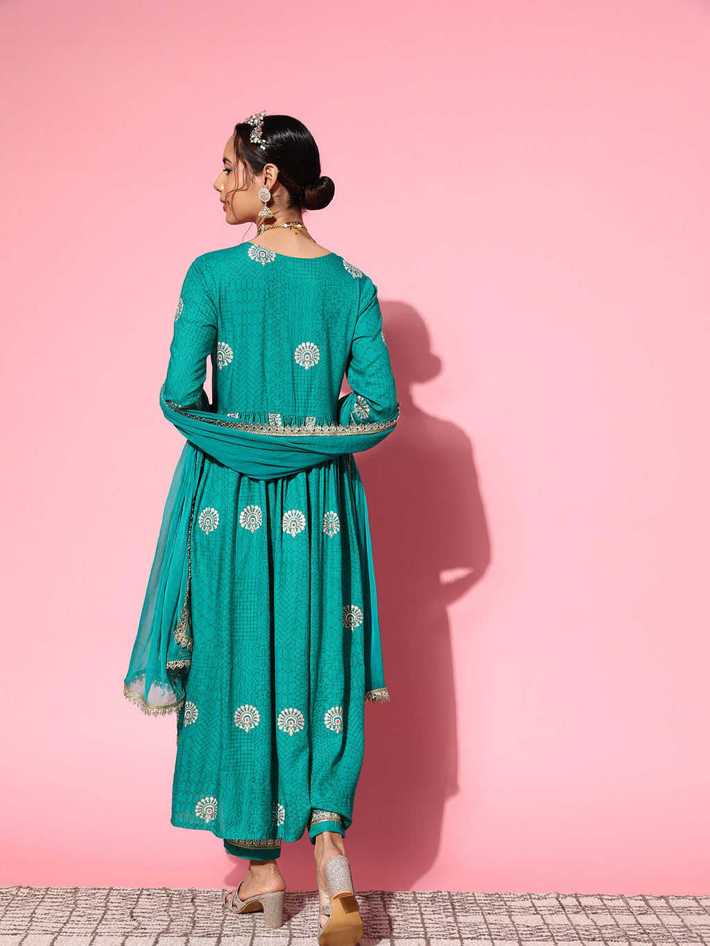 InWeave Women's Teal Nyra Cut Embroidered Kurta Set With Dupatta