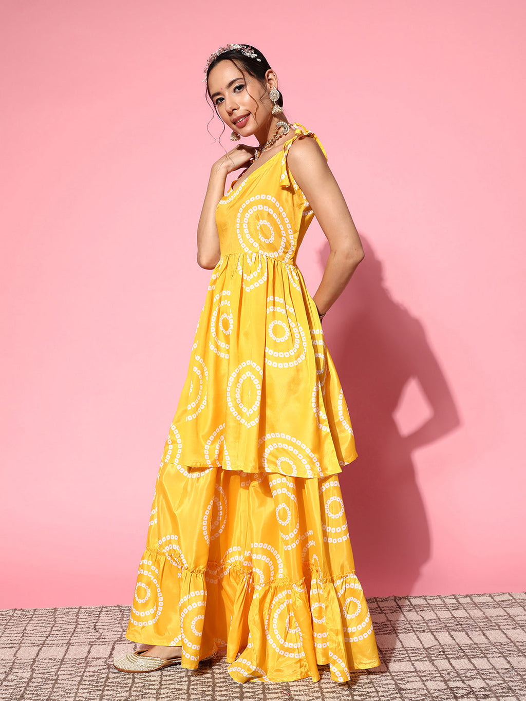 InWeave Women's Yellow Bandhani Motif Shoulder Tie Up Kurta Set