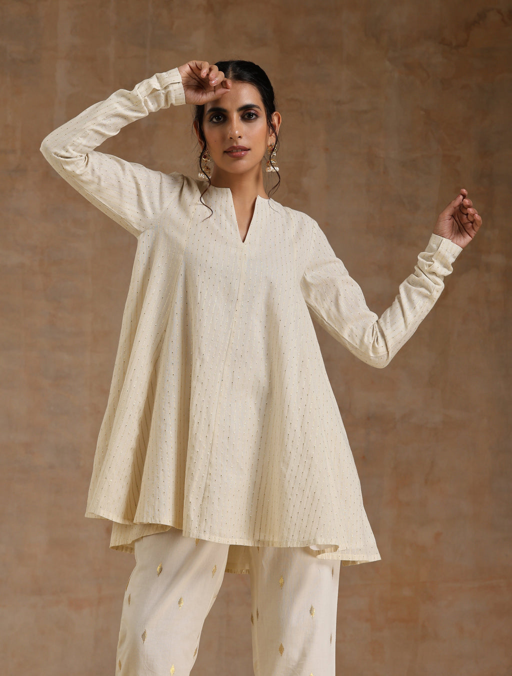 trueBrowns Ivory Gold Cotton Flared Co-Ord Set