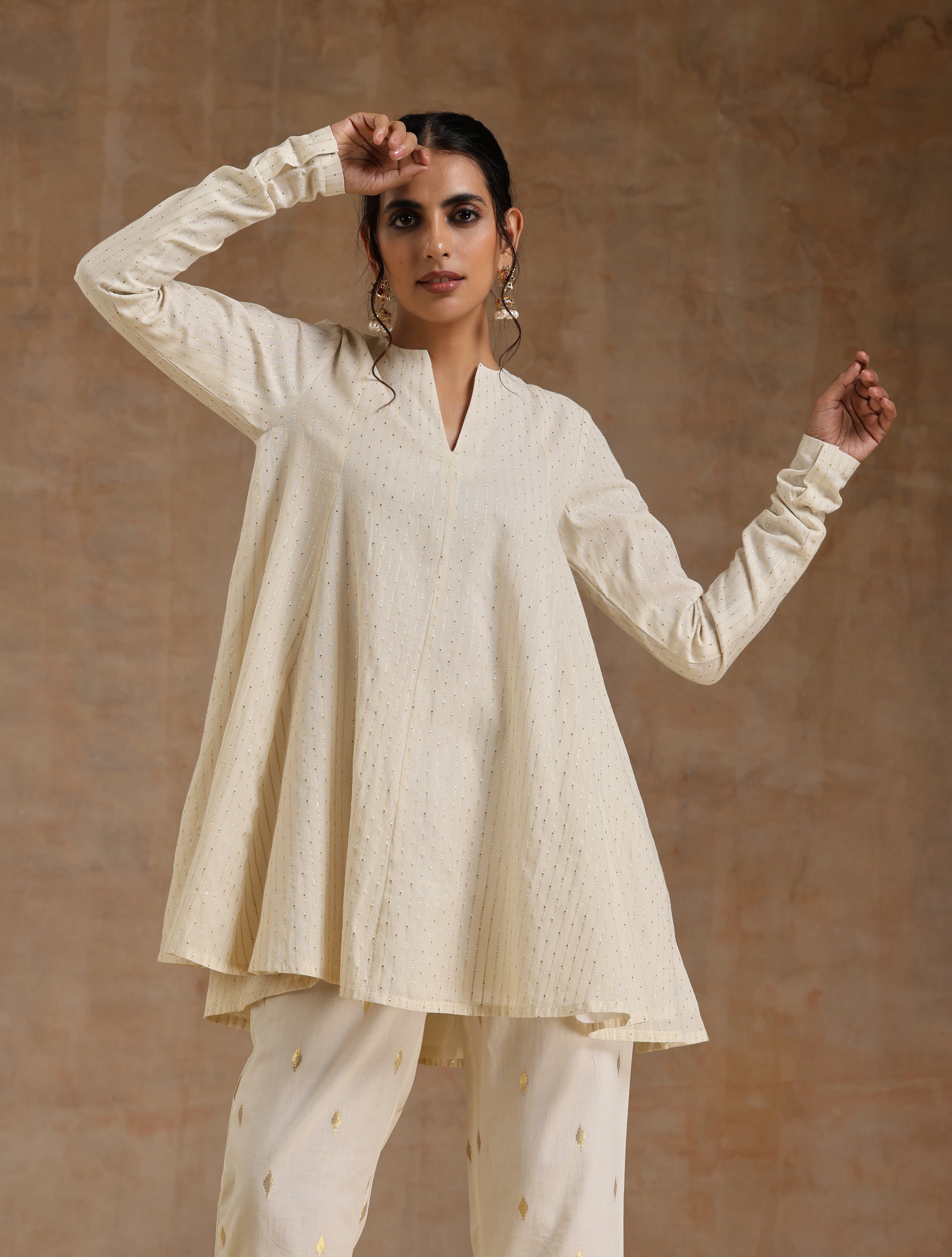 trueBrowns Ivory Gold Cotton Flared Co-Ord Set