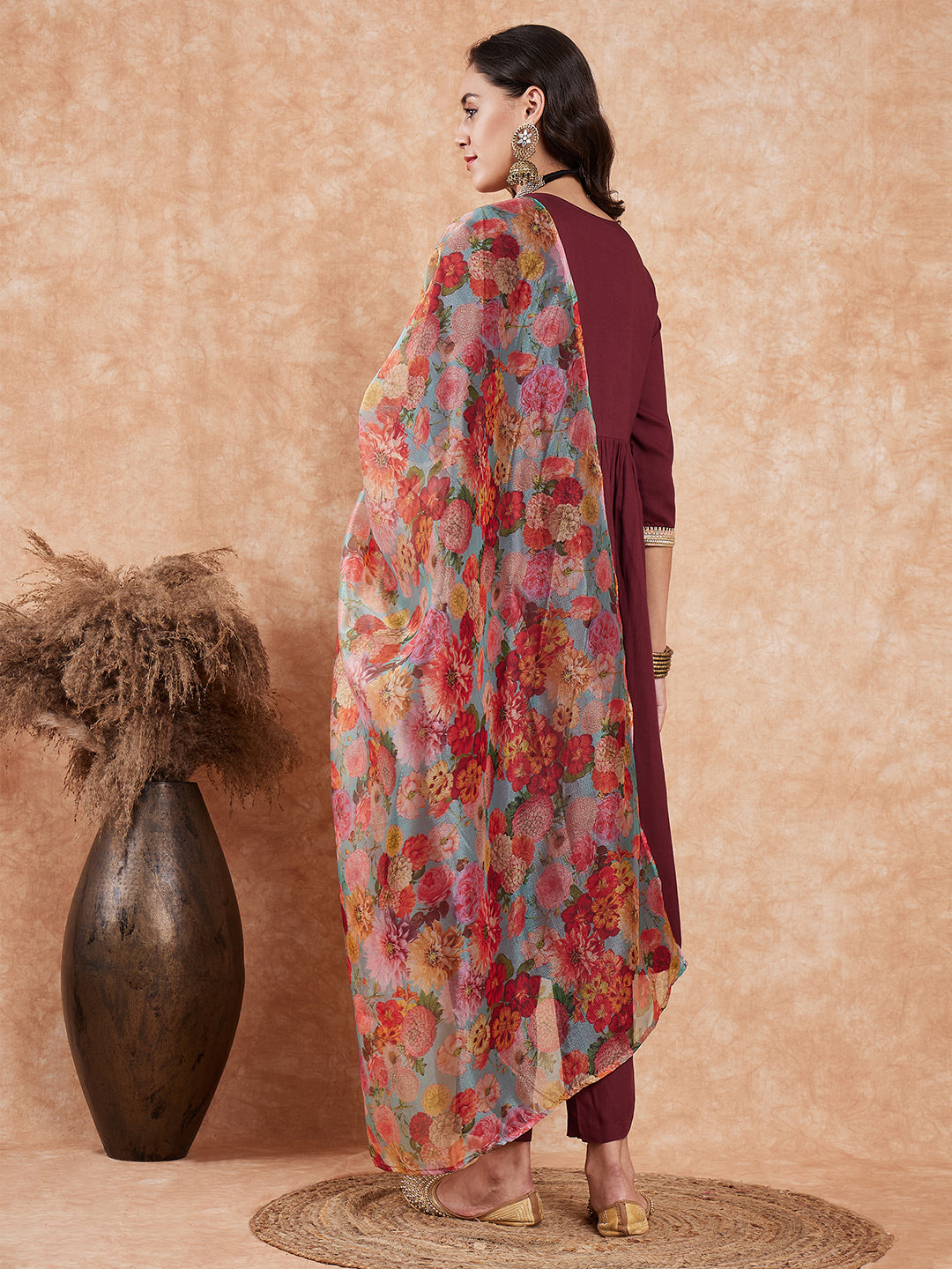 InWeave Women's Dark Burgundy Alia Neck Style Gota Set W Organza Dupatta