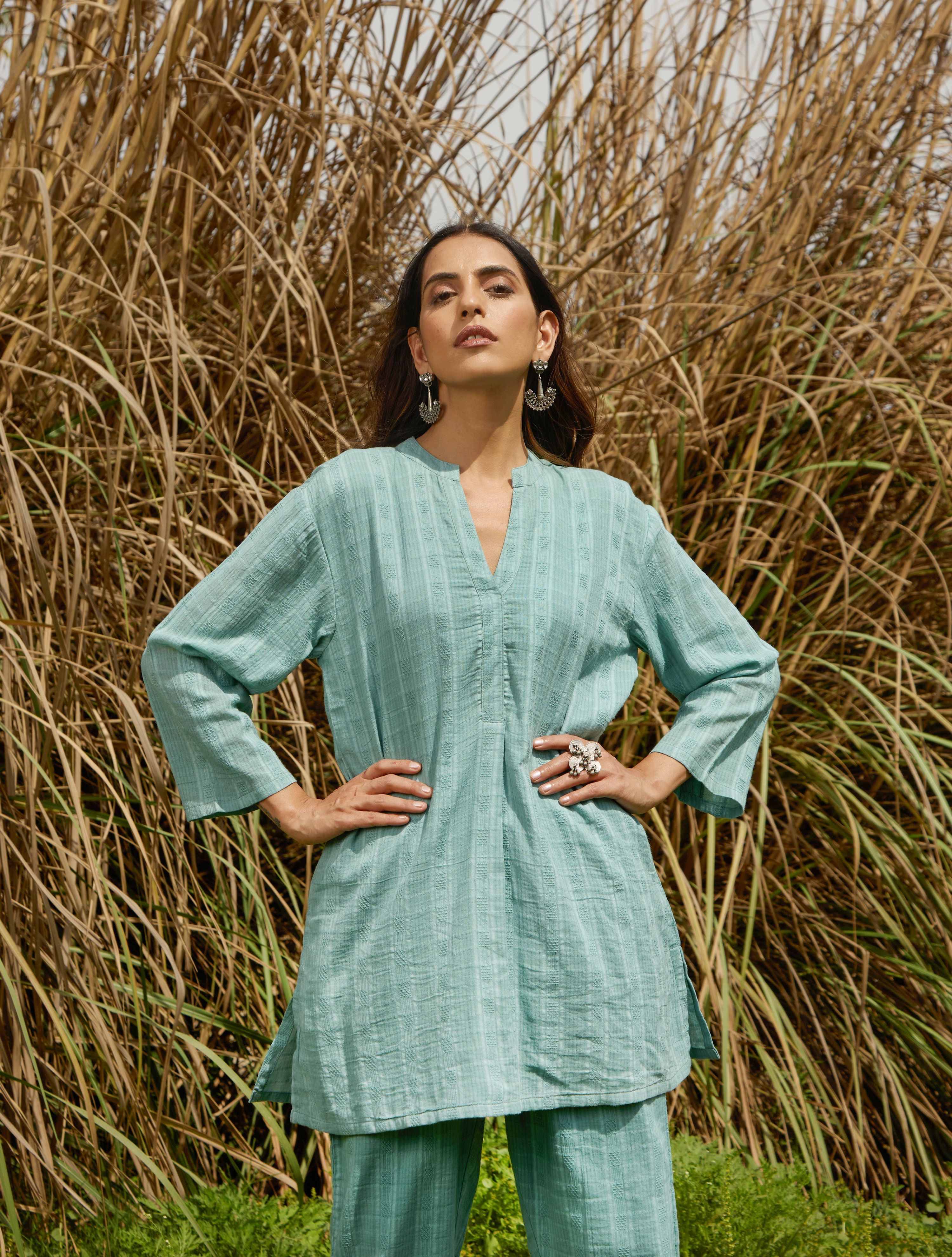 trueBrowns Light Blue Cotton Dobby Relaxed Co-ord Set