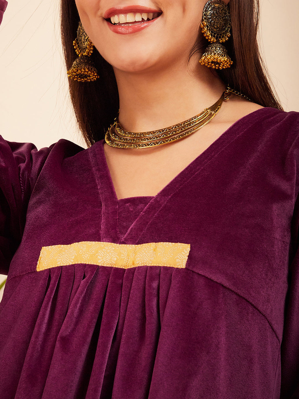 InWeave Women's Wine V Neck Asymmetrical Pleated Velvet Kurta Set