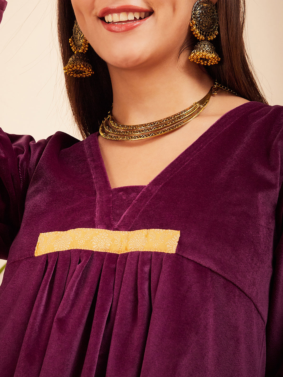InWeave Women's Wine V Neck Asymmetrical Pleated Velvet Kurta Set