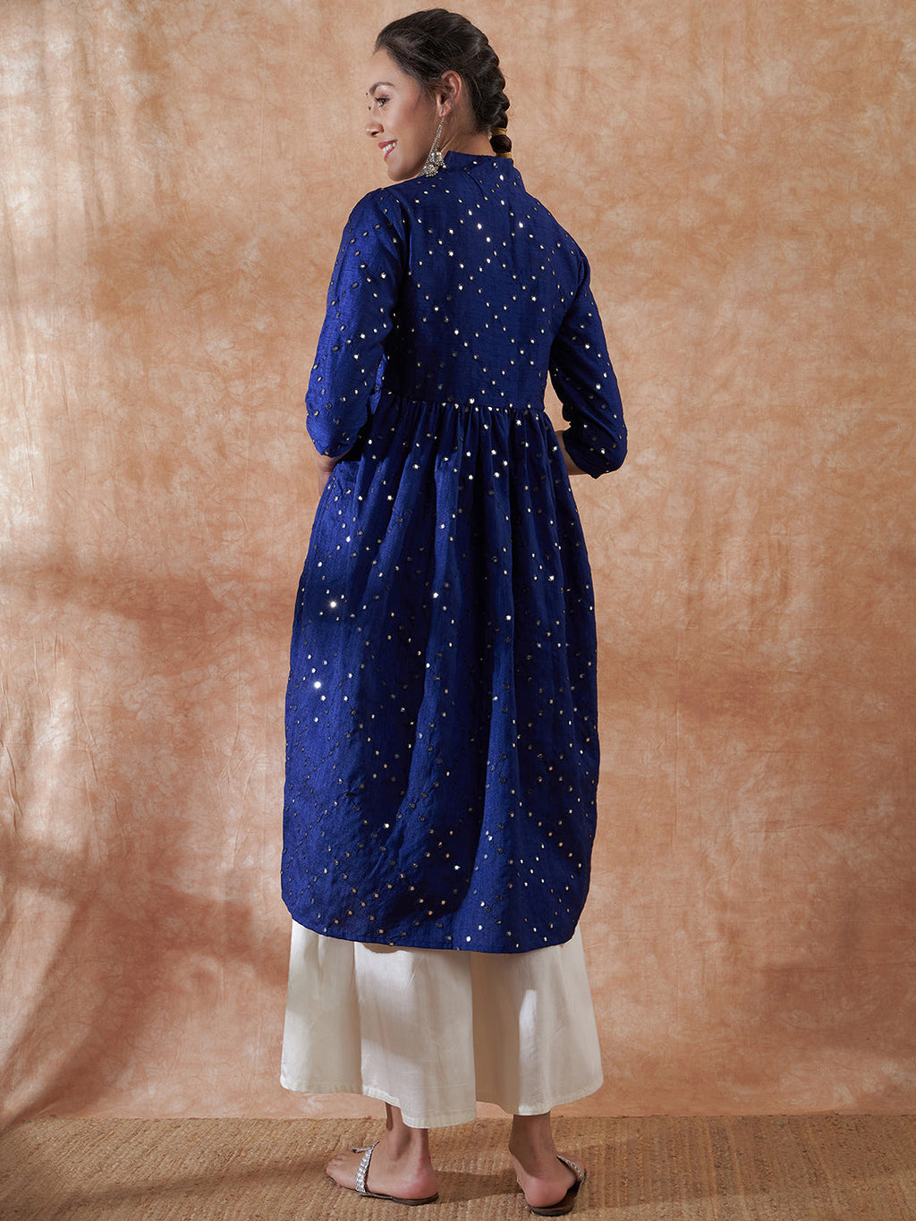 InWeave Women's Blue Mirror Work Flared Kurta