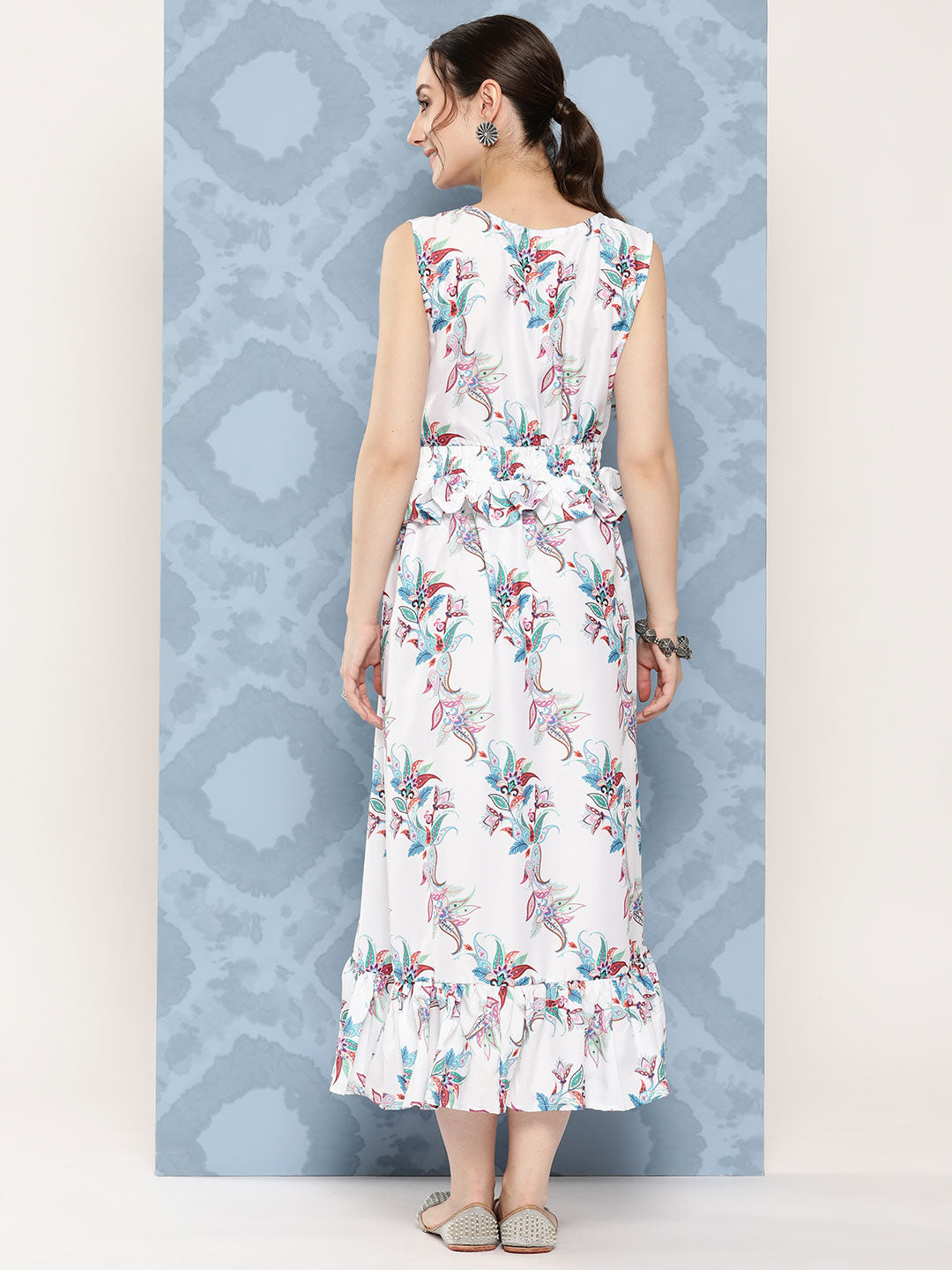 InWeave Women's White Floral Paisley Print Long Frill Dress