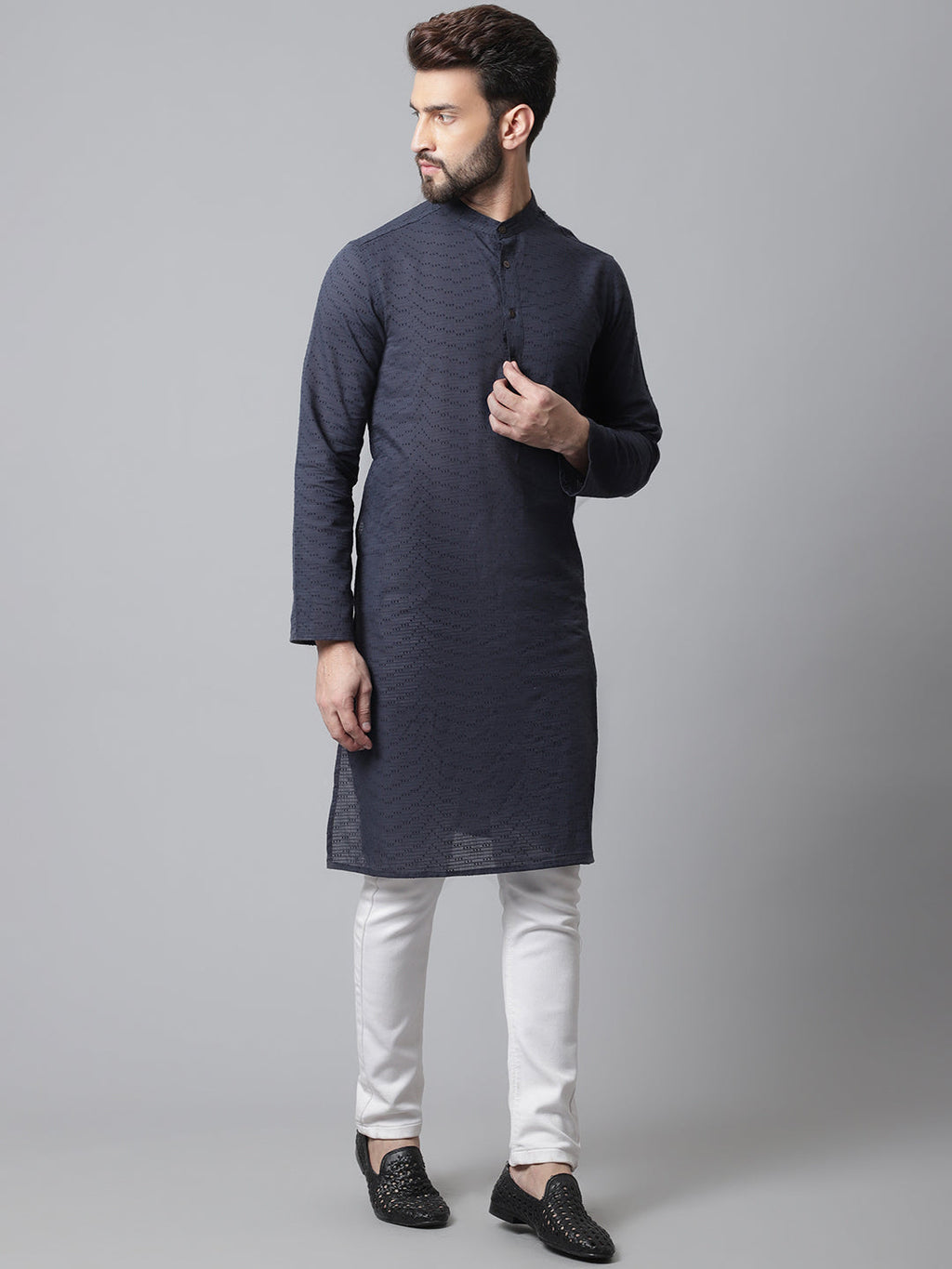 Even Apparels Blue Pure Cotton Kurta With Band Collar