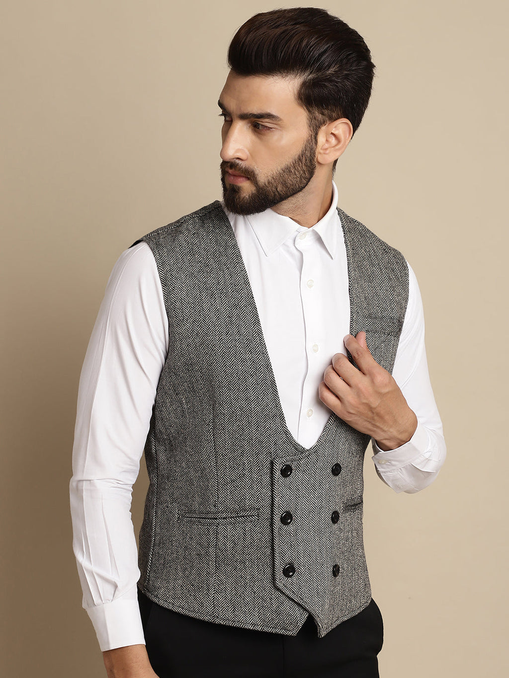 Even Apparels Men's Grey Woolen Double Breast Waistcoat