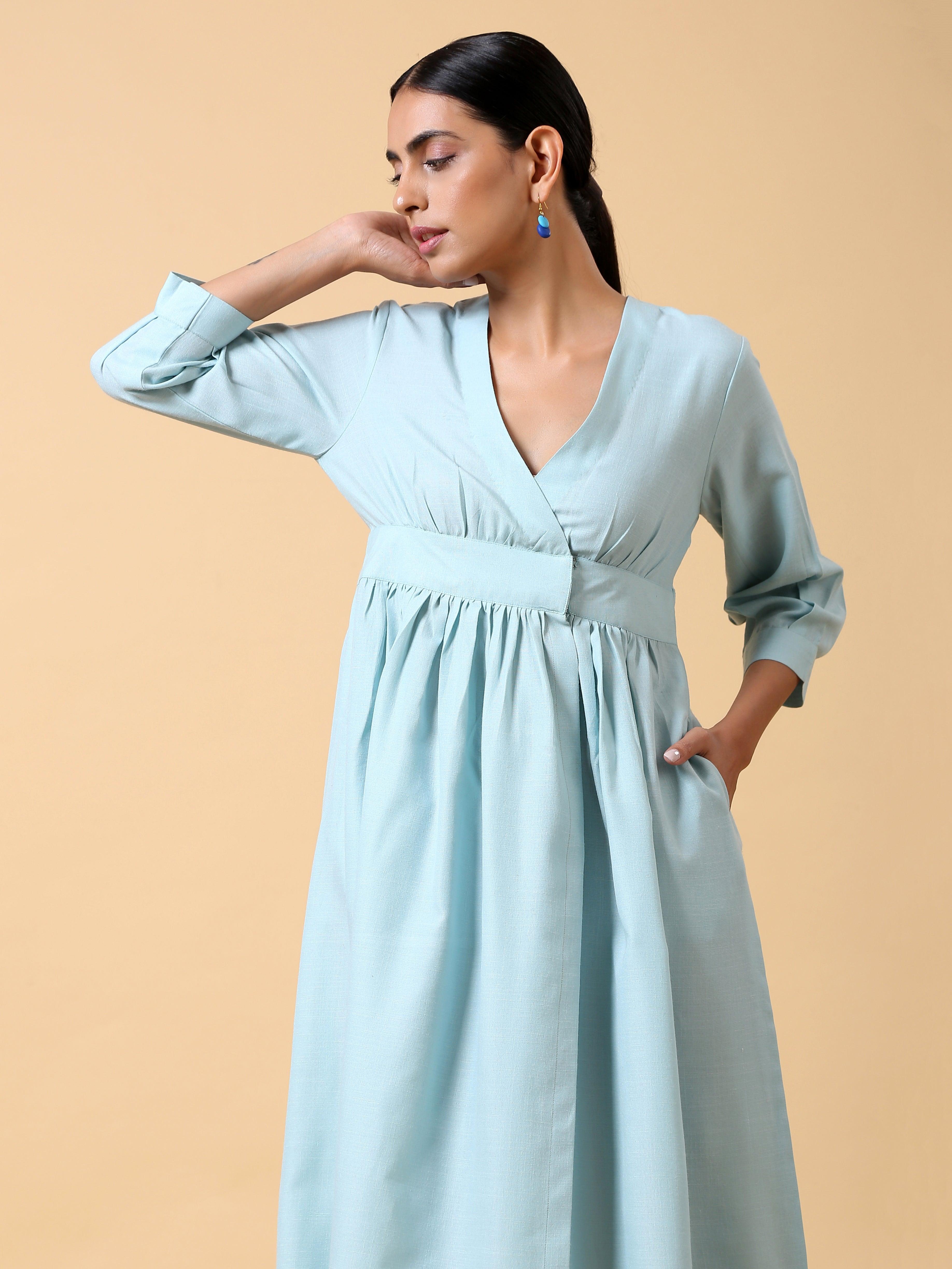 trueBrowns Cotton Linen Light Blue Wrap Dress