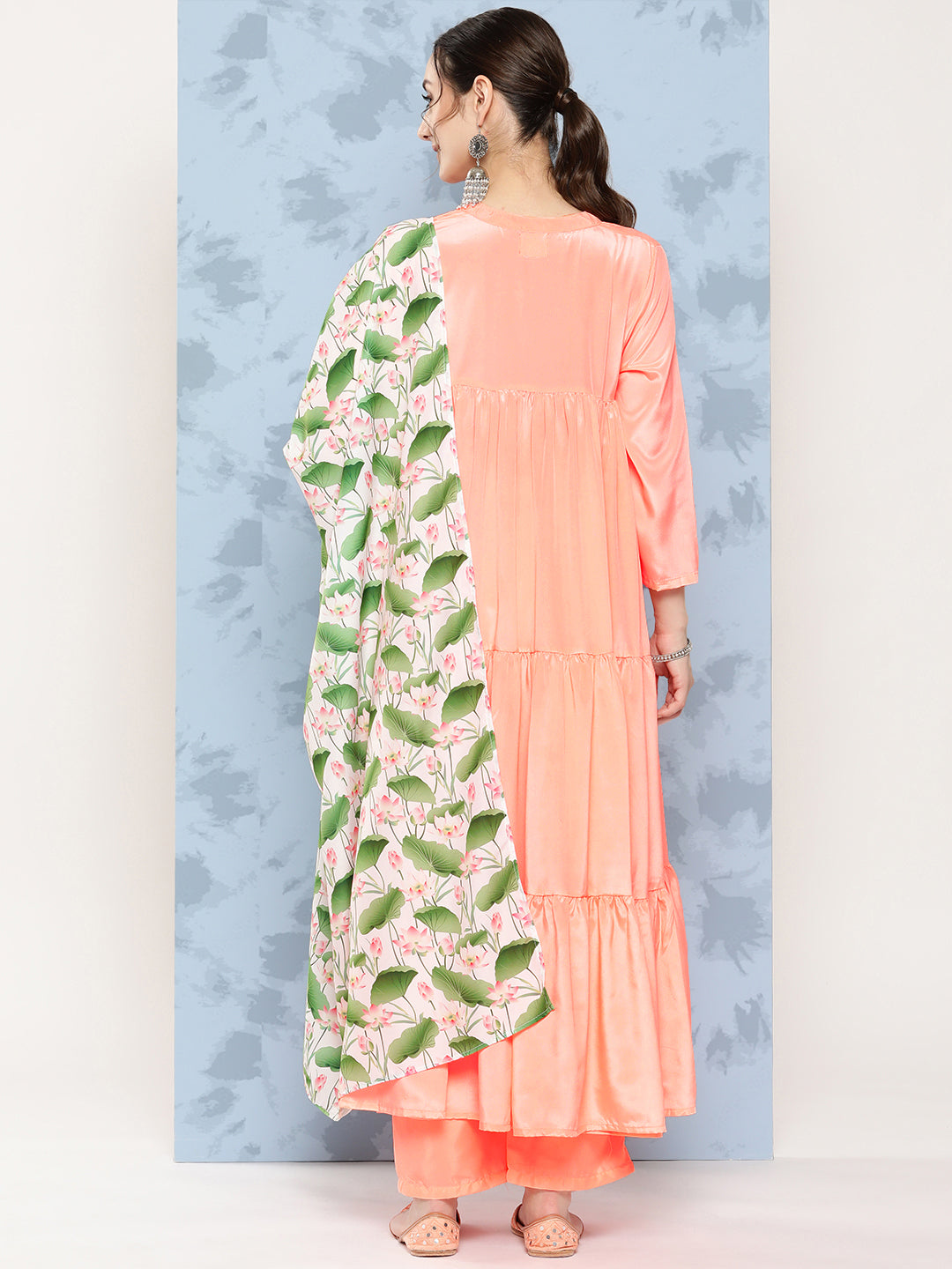 InWeave Women's Peach Tiered Kurta Set With White Pink Lotus Cr Dupatta