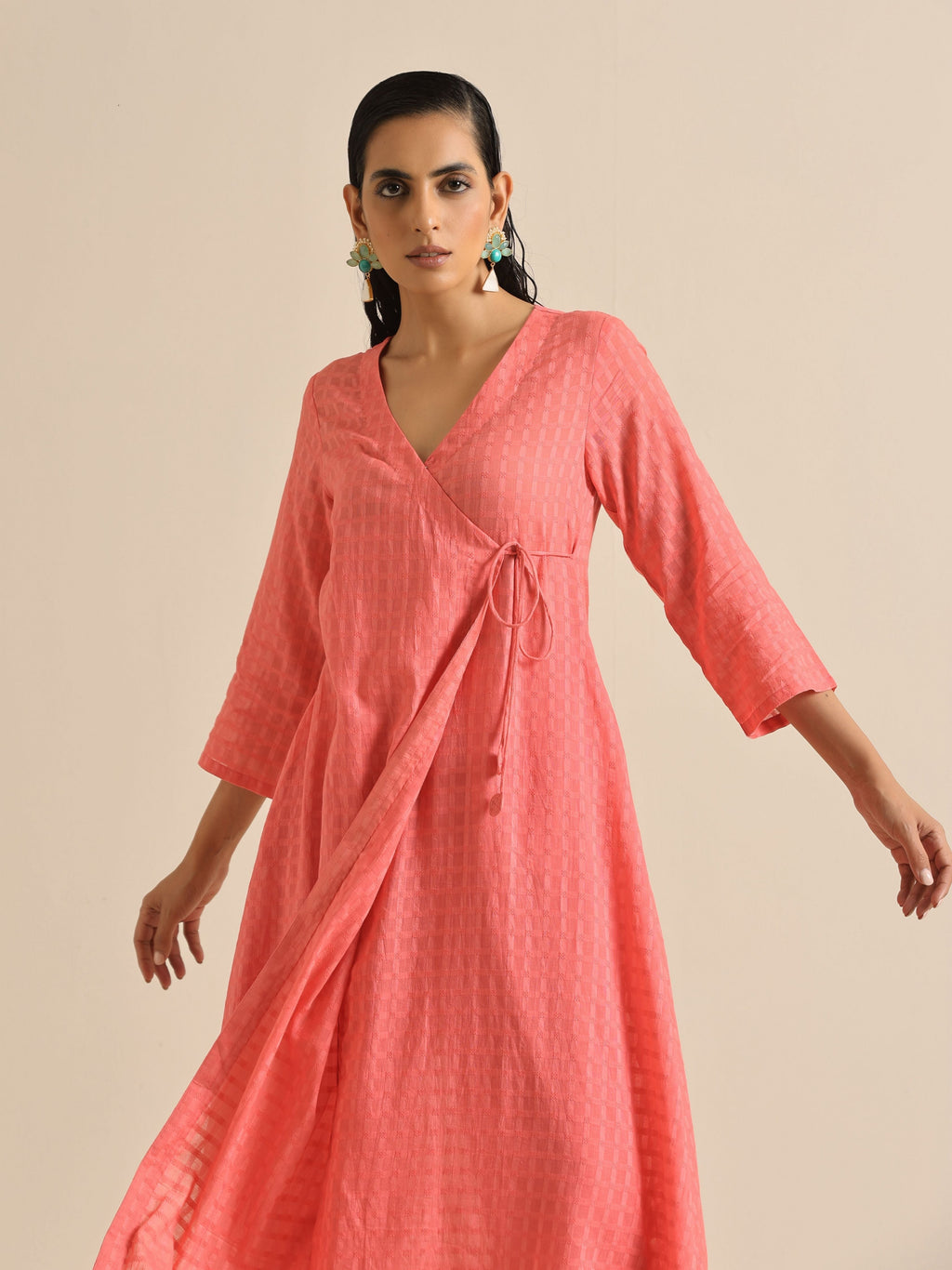trueBrowns Bright Pink Dobby Angrakha Kurta Pant Set