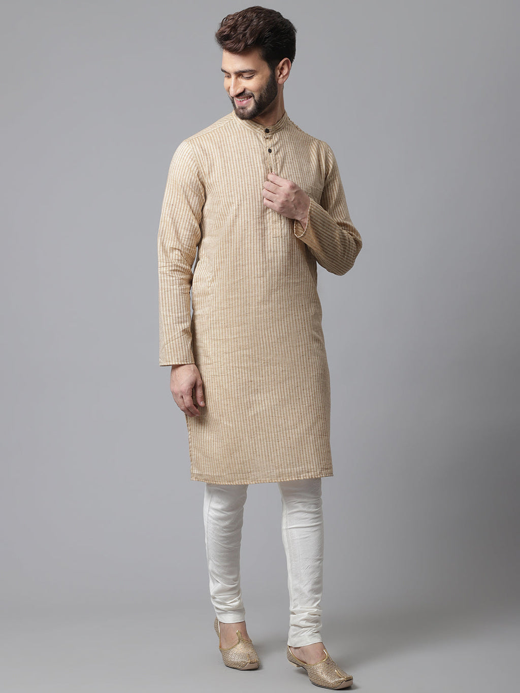 Even Apparels Pure Cotton Kurta With Band Collar - Beige