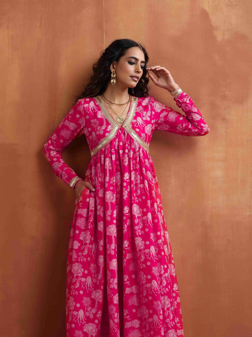 trueBrowns Red Print Flared Anarkali Kurta Set