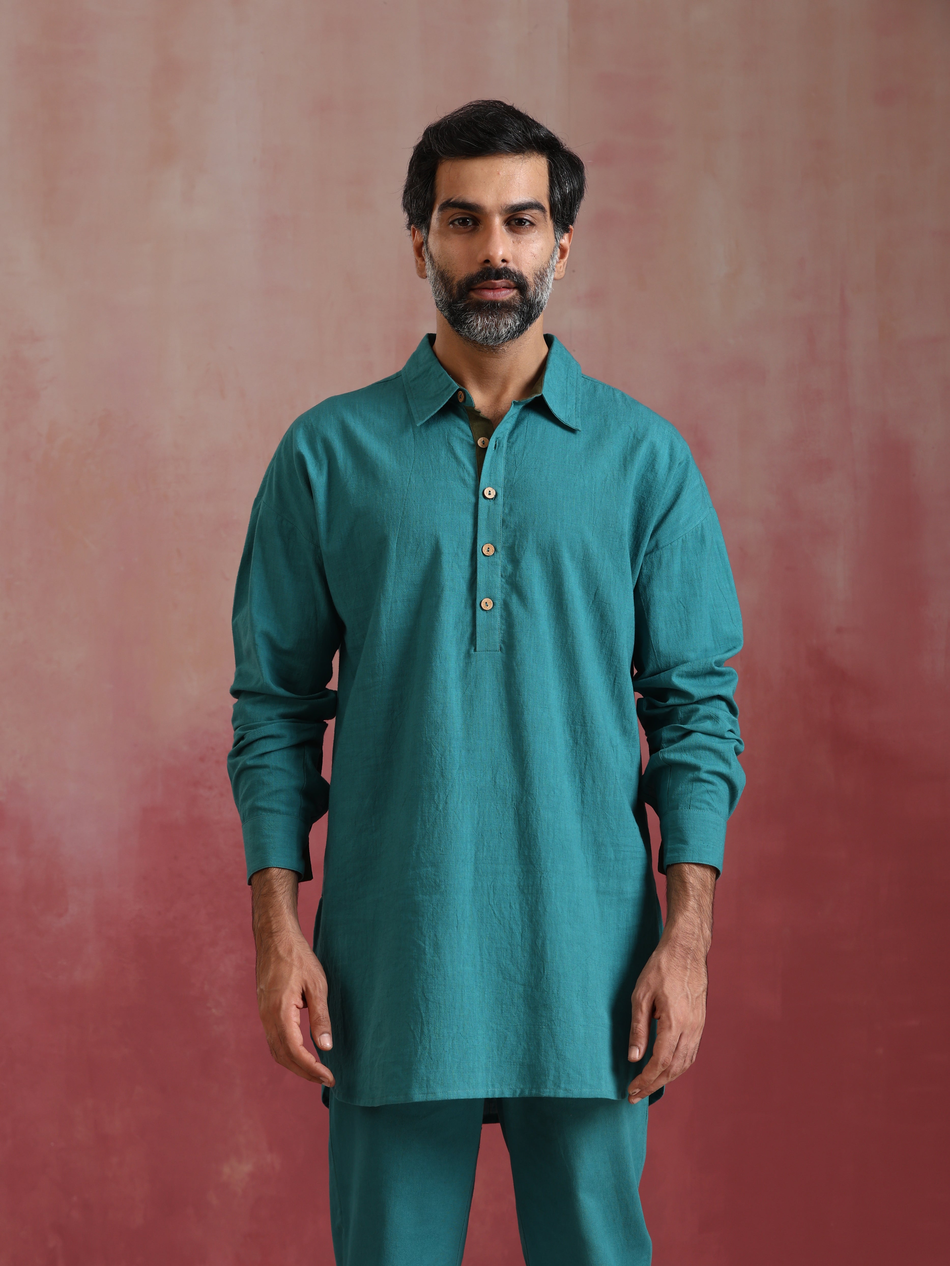 trueBrowns Men's Teal Cotton Shirt Collar Stylized Kurta Co-ord set