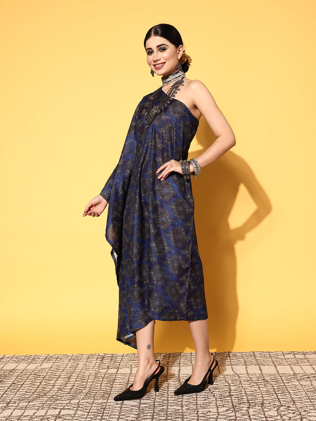 InWeave Women's Indigo Boota Print One Shoulder Kaftan Dress