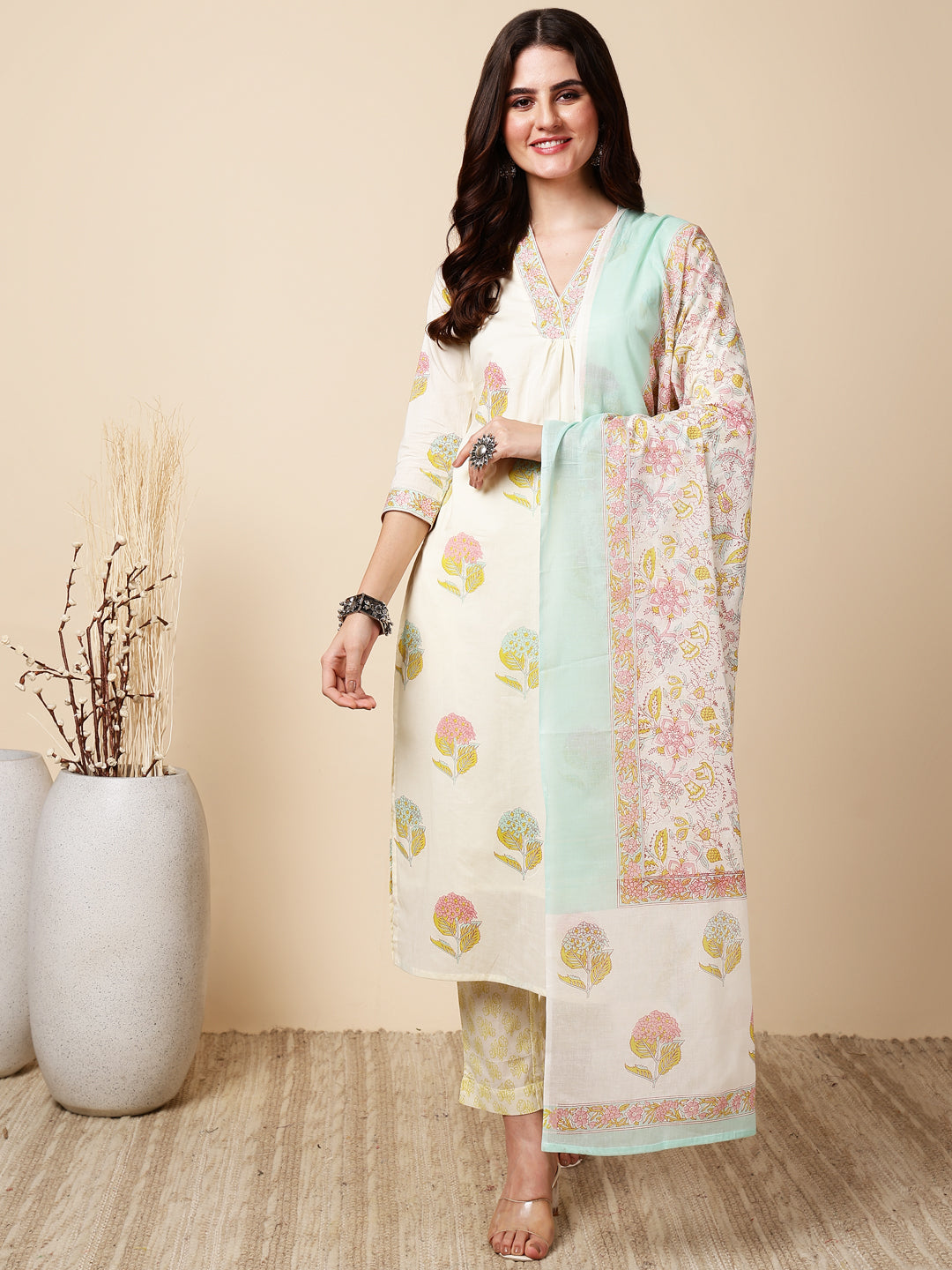 Antaran Cream Pure Cotton Floral Printed Kurta Pant And Dupatta Set