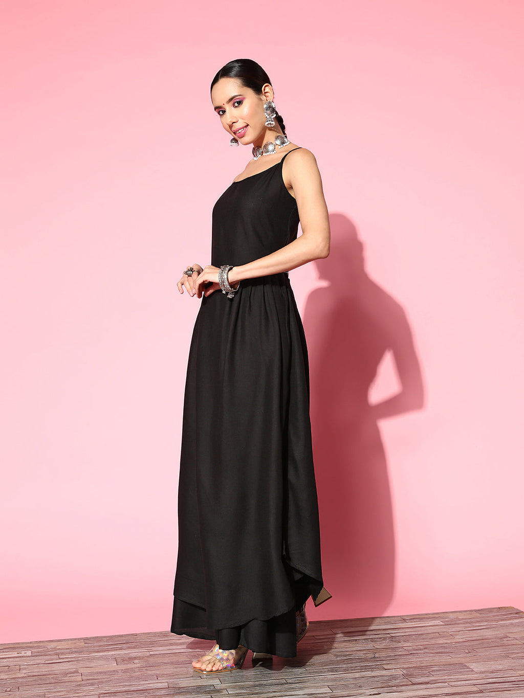 InWeave Women's Black Strappy Kurta Set With Teal Organza Cape