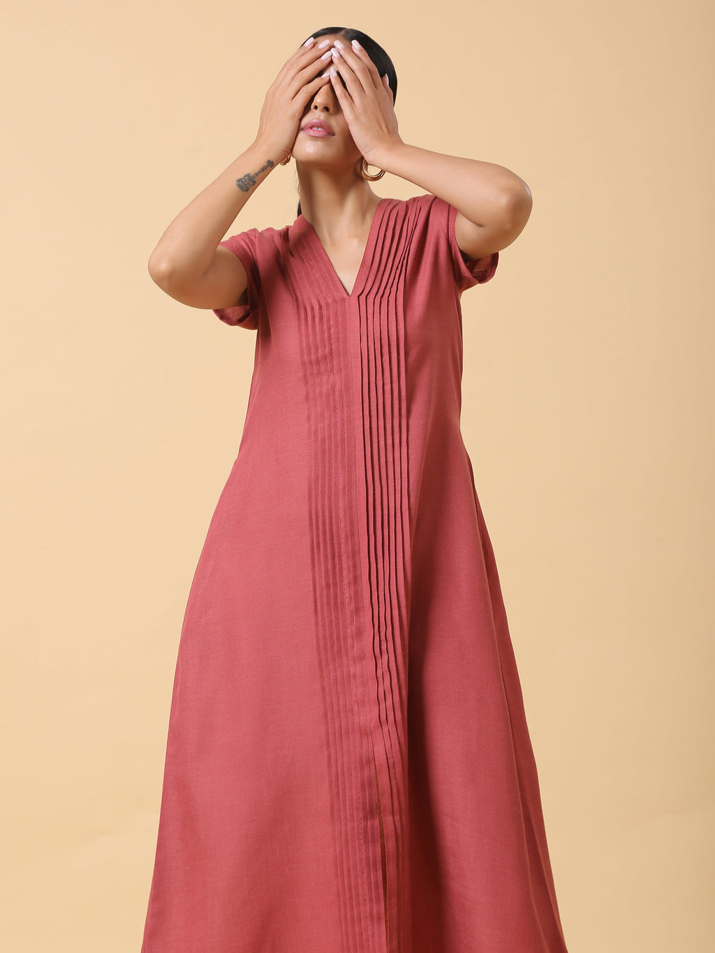 trueBrowns Cotton Linen Rust Red Pleated Dress