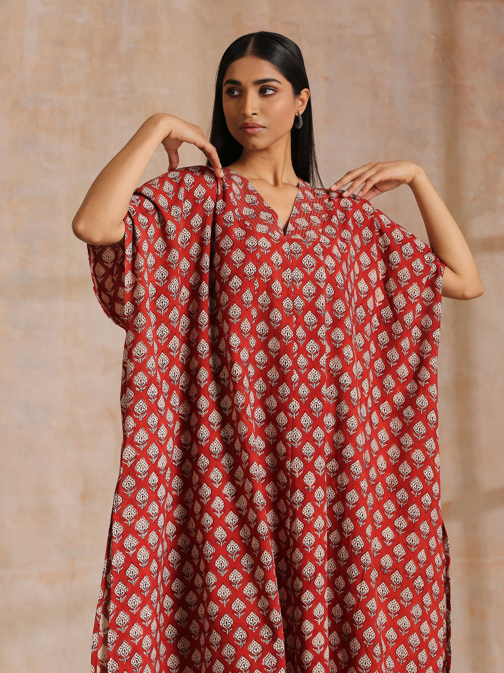 trueBrowns Rust Red Bagru Floral Print Cotton Panel Kaftan Kurta Pant Set