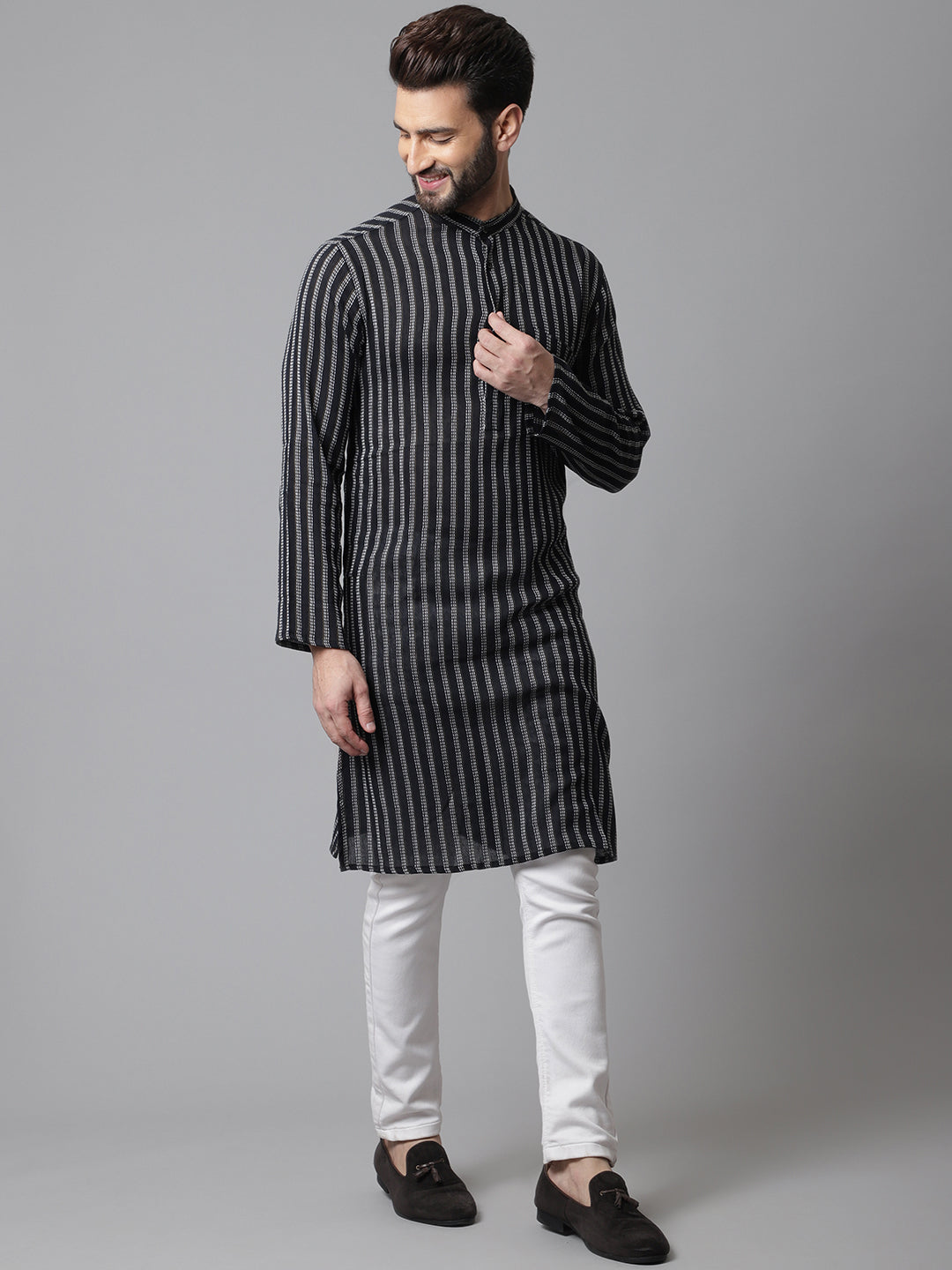 Even Apparels Black Pure Cotton Kurta With Band Collar
