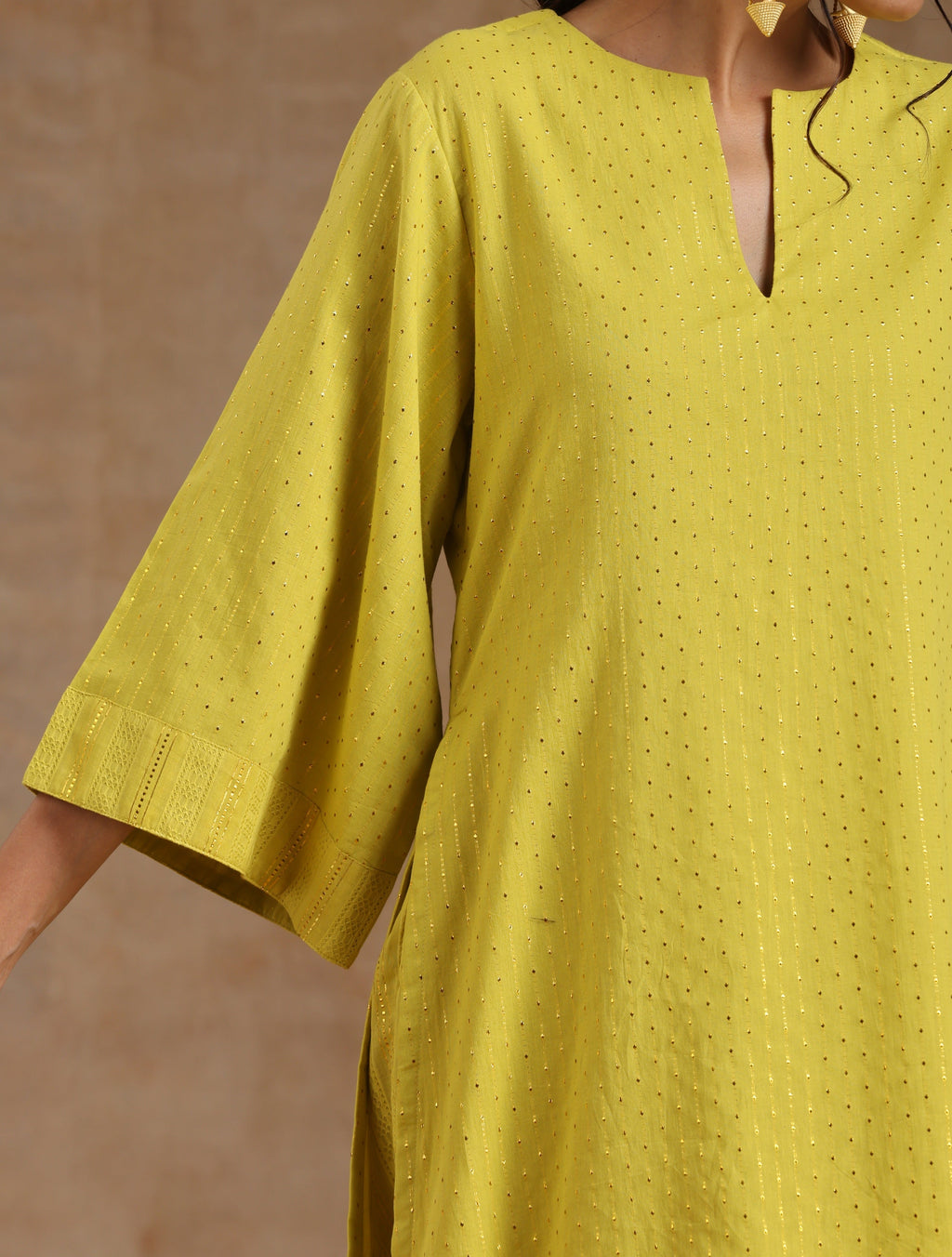 trueBrowns Lime Gold Cotton Relax High Slit Kurta Set