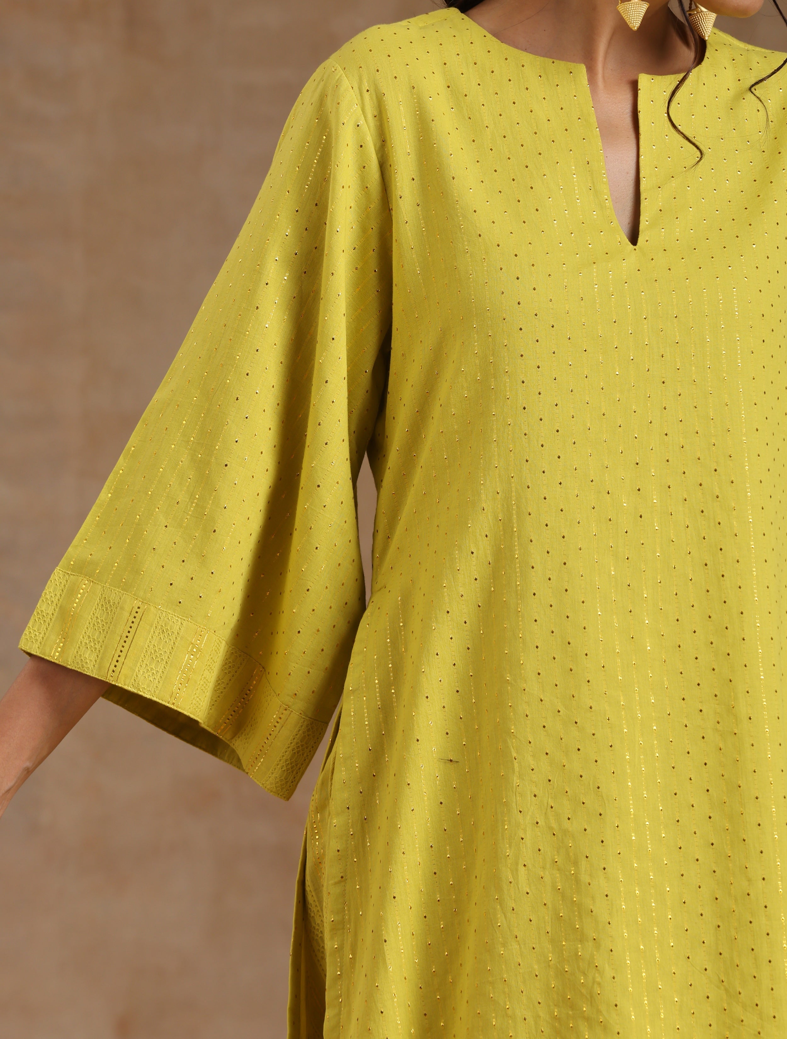 trueBrowns Lime Gold Cotton Relax High Slit Kurta Set