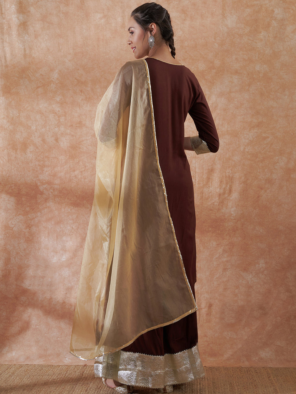 InWeave Women's Brown Gota Work Anarkali Kurta Set W Dupatta