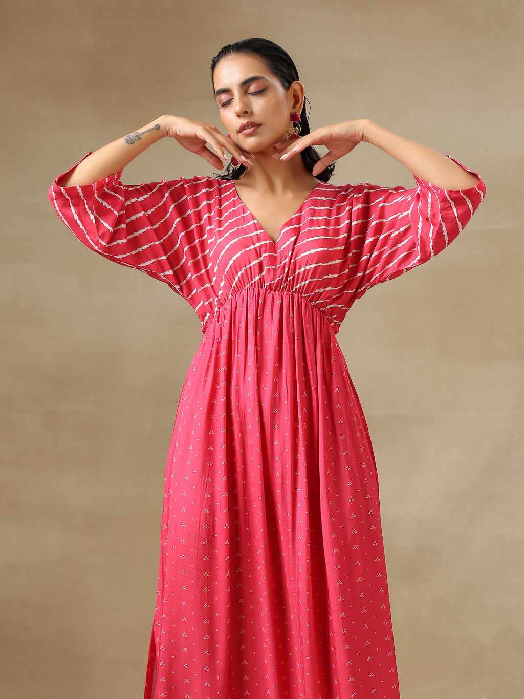 trueBrowns Pink Bandhani Printed Silk Drop Shoulder Dress