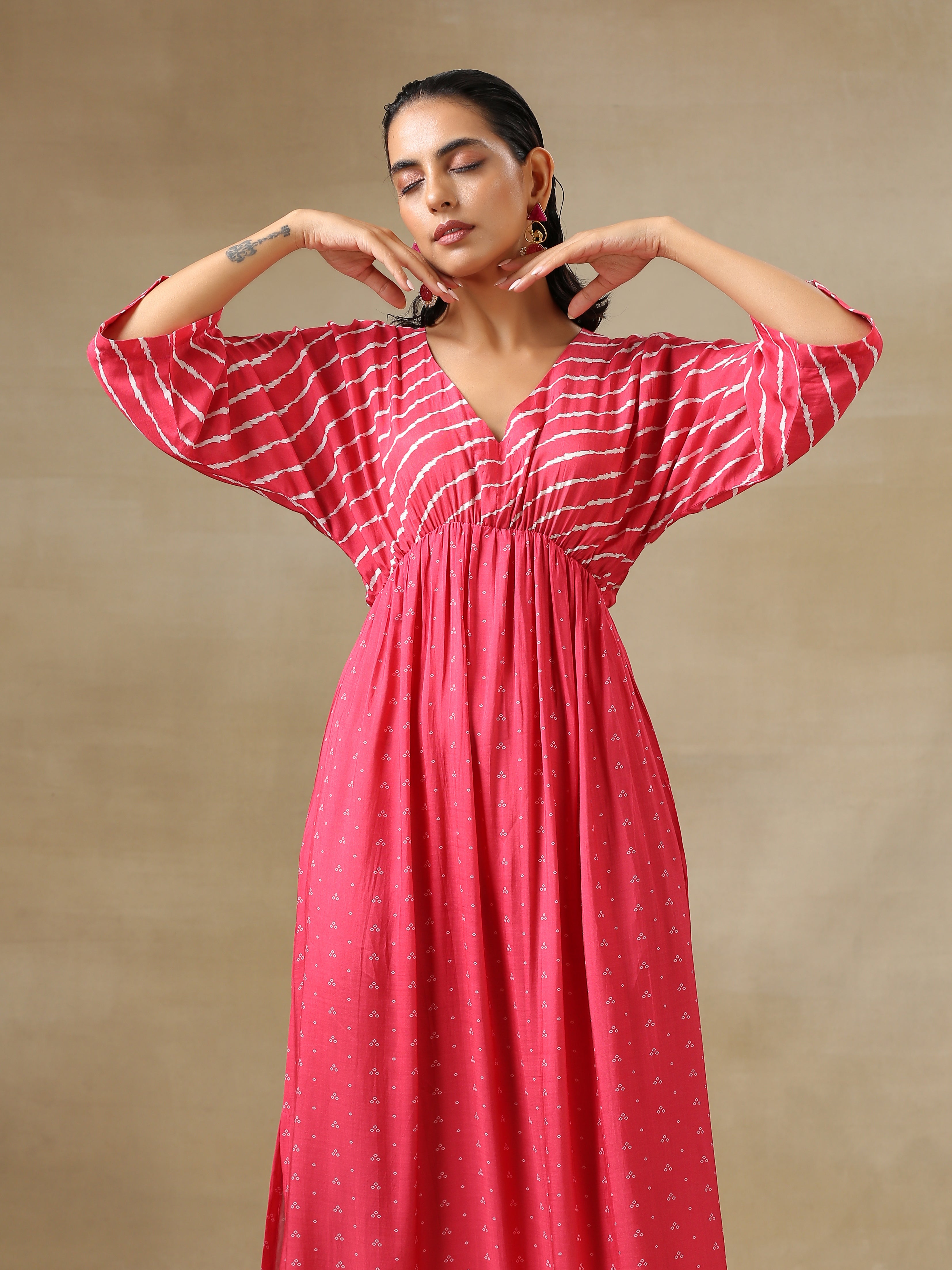 trueBrowns Pink Bandhani Printed Silk Drop Shoulder Dress