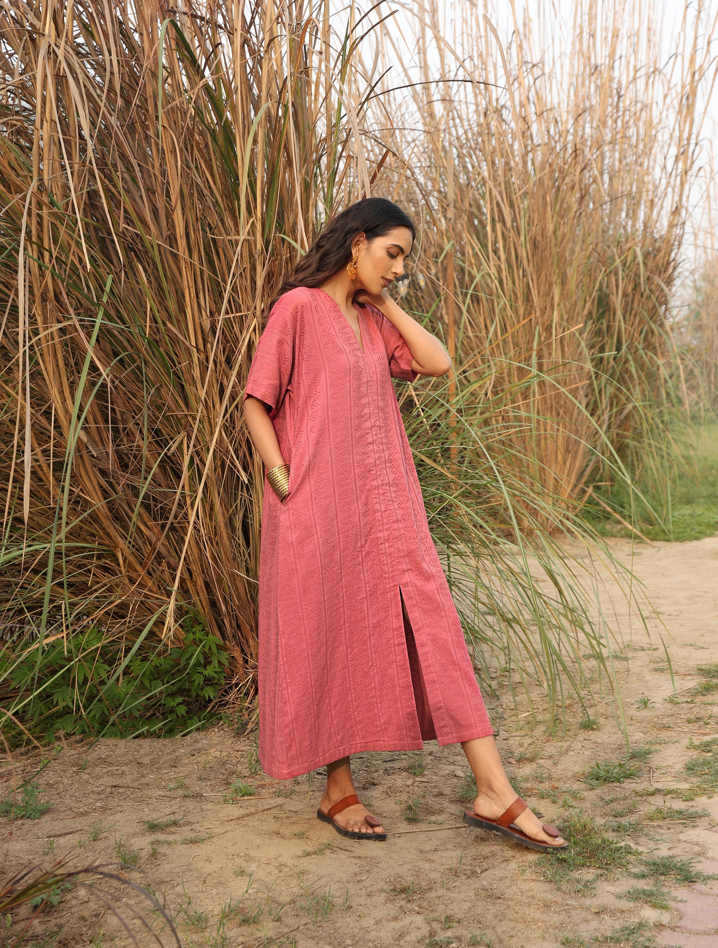 trueBrowns Coral Cotton Dobby Front Slit Dress