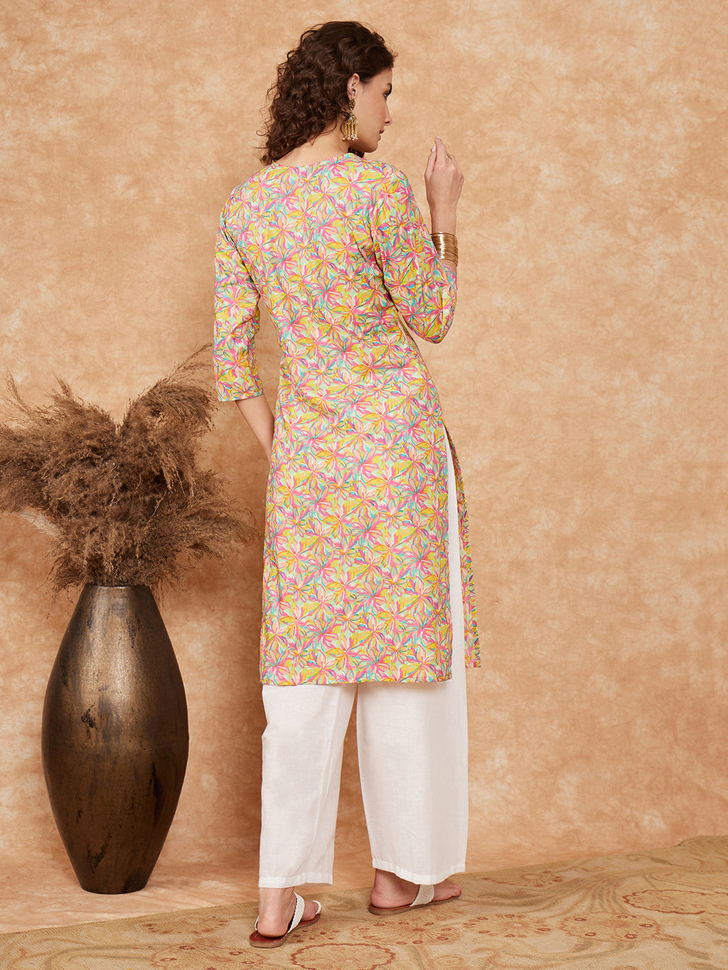 InWeave Women's Multi Floral Painted Alia Lace Work Straight Kurta