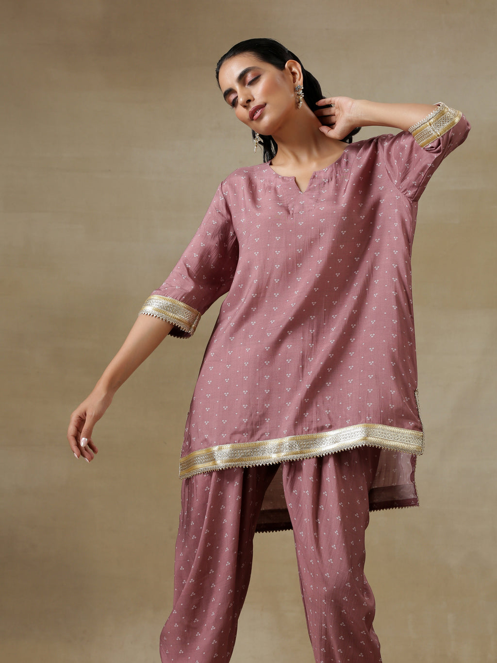trueBrowns Dark Mauve Bandhani Printed Silk Loose Kurta Dhoti Pant Set