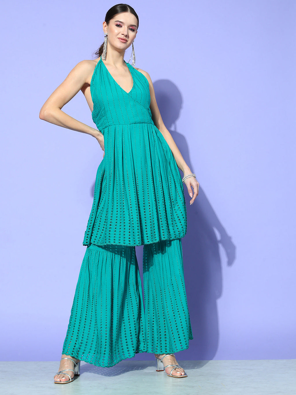 InWeave Women's Teal Lace Work Backless Kurta Sharara Set