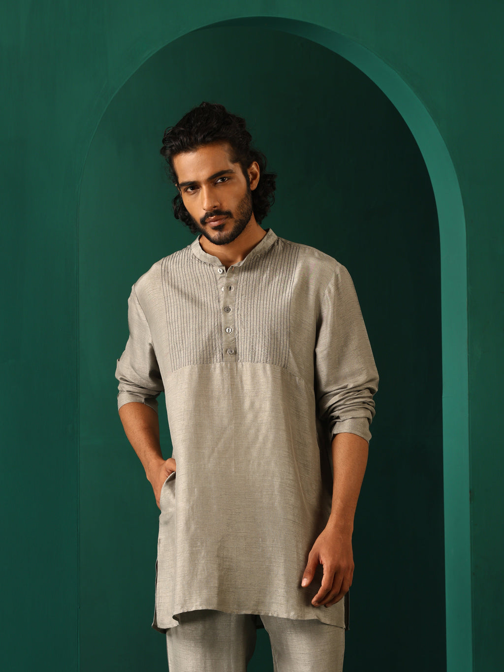 trueBrowns Men's Grey Silk Co-ord Set Yoke Detail