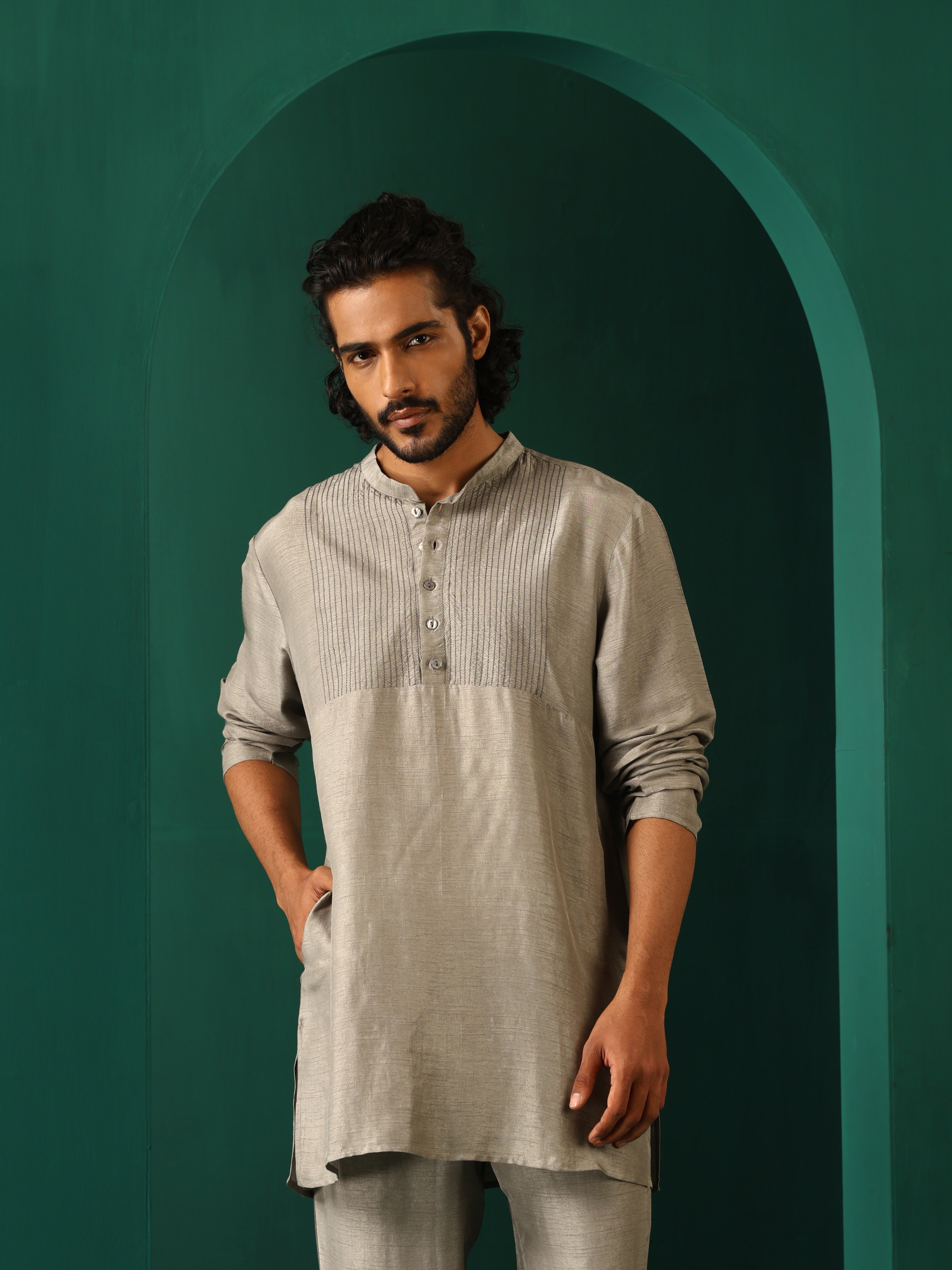 trueBrowns Men's Grey Silk Co-ord Set Yoke Detail