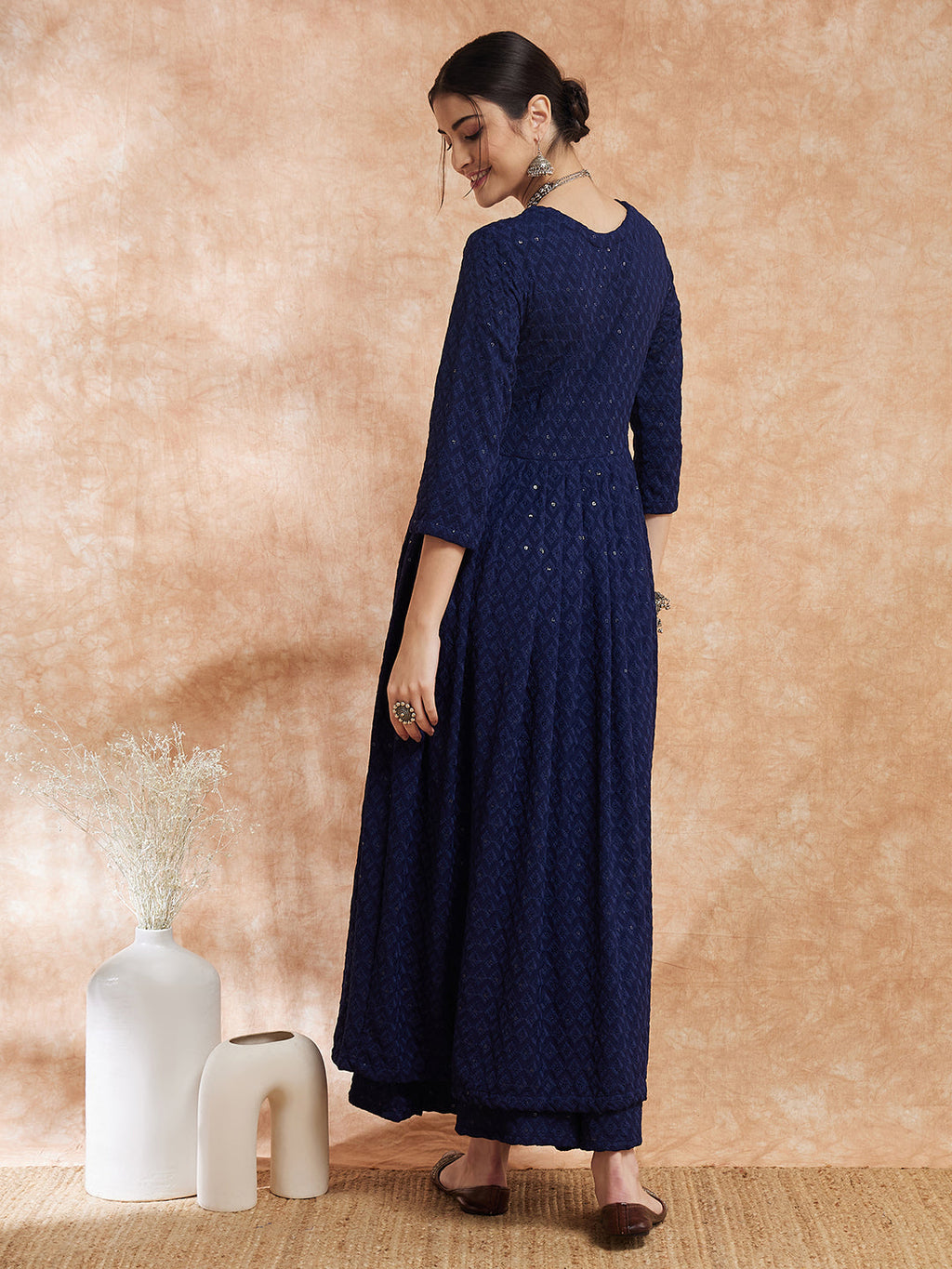 InWeave Women's Royal Blue Chikankari Long Anarkali Kurta Sharara Set